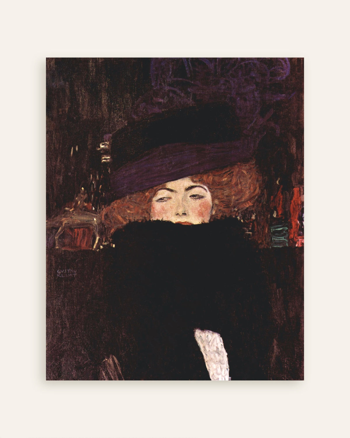 Poster af Dame med hat og fjerboa (1909) af Gustav Klimt, miniature