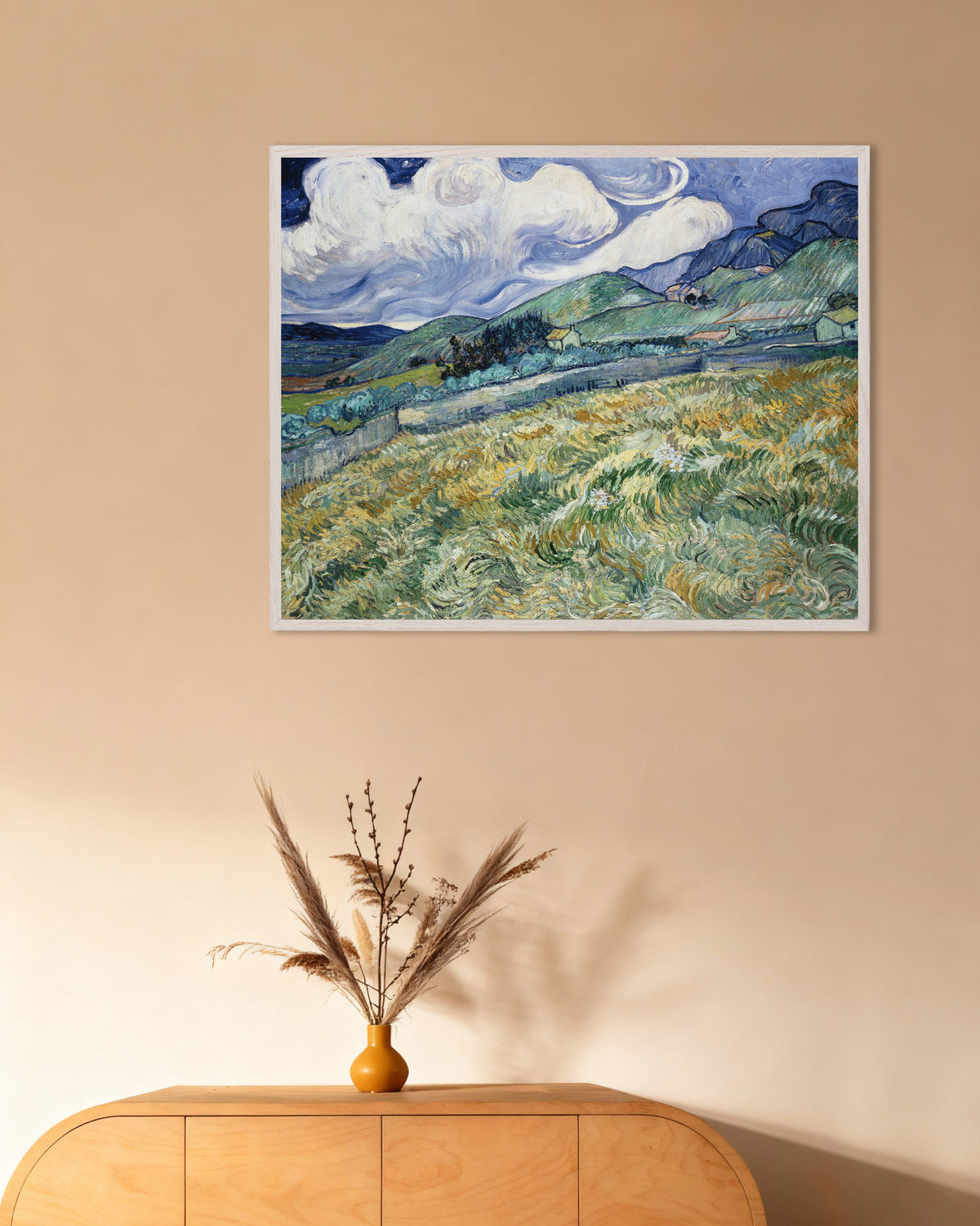Poster med Landskab fra Saint-Rémy (1889) af Vincent van Gogh, med hvid træramme