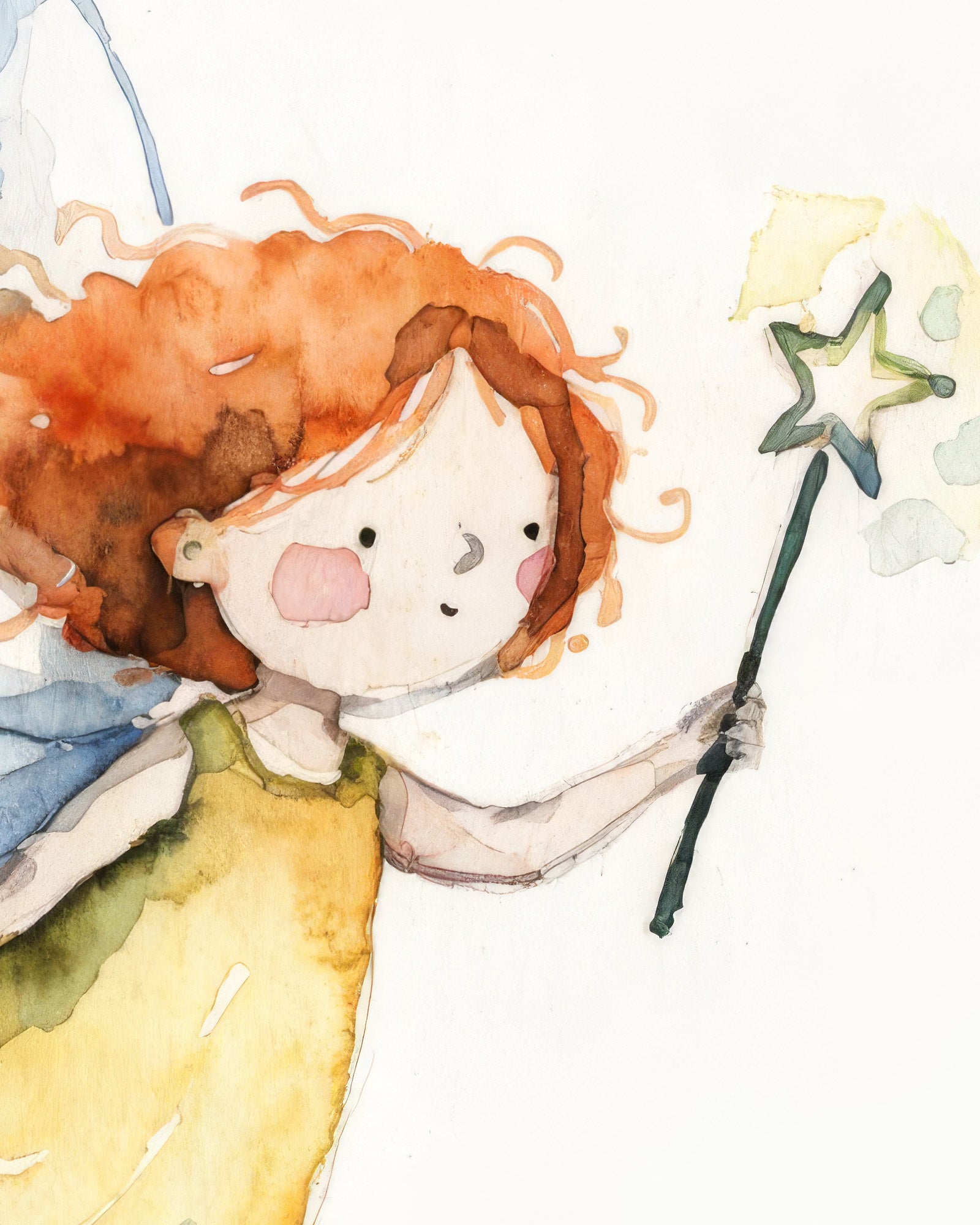 Illustration of a fairy with red hair and a star-shaped wand on a white background