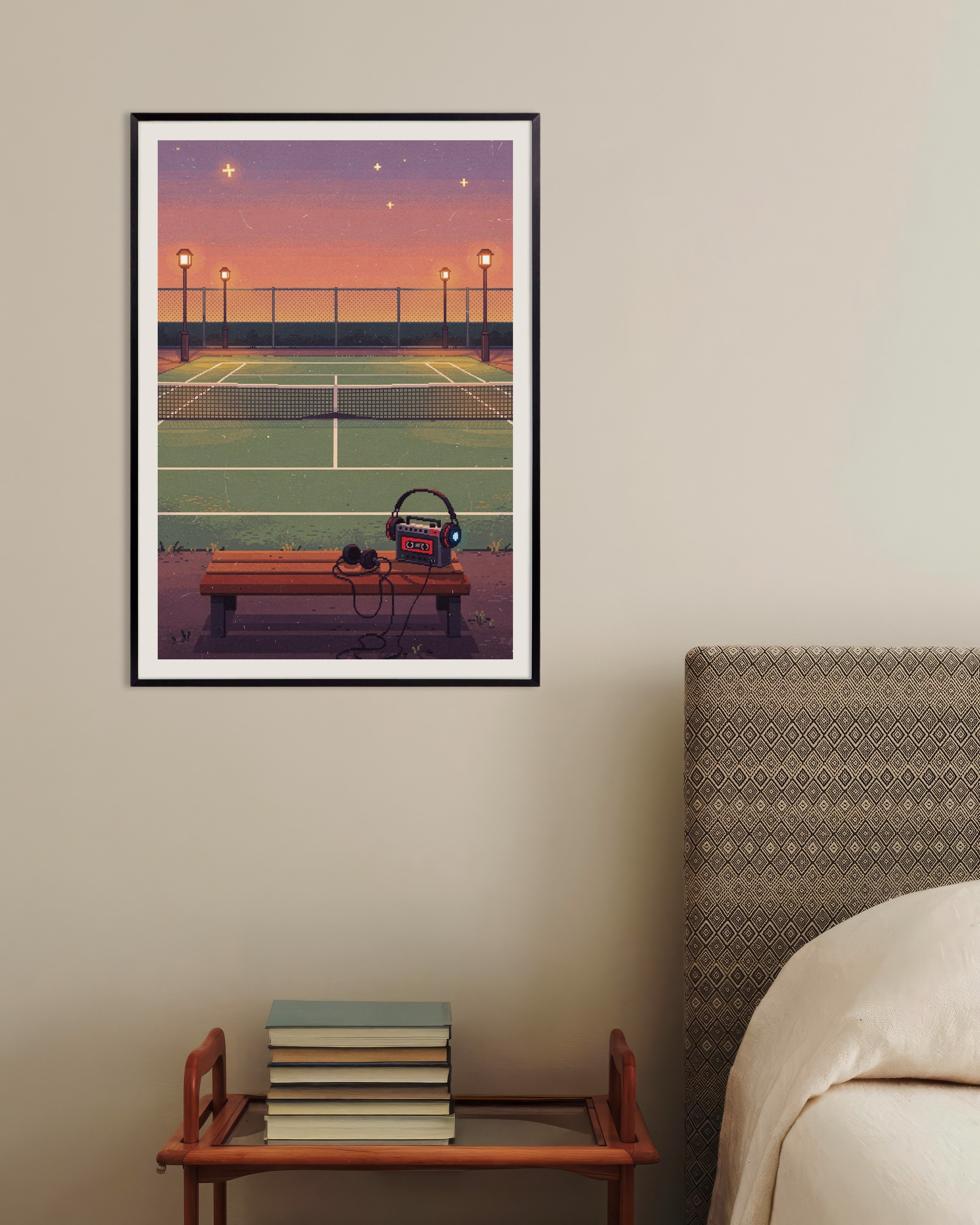 Poster of Lo-Fi Tennis Court at Dusk Pixel Art Poster, with metal frame
