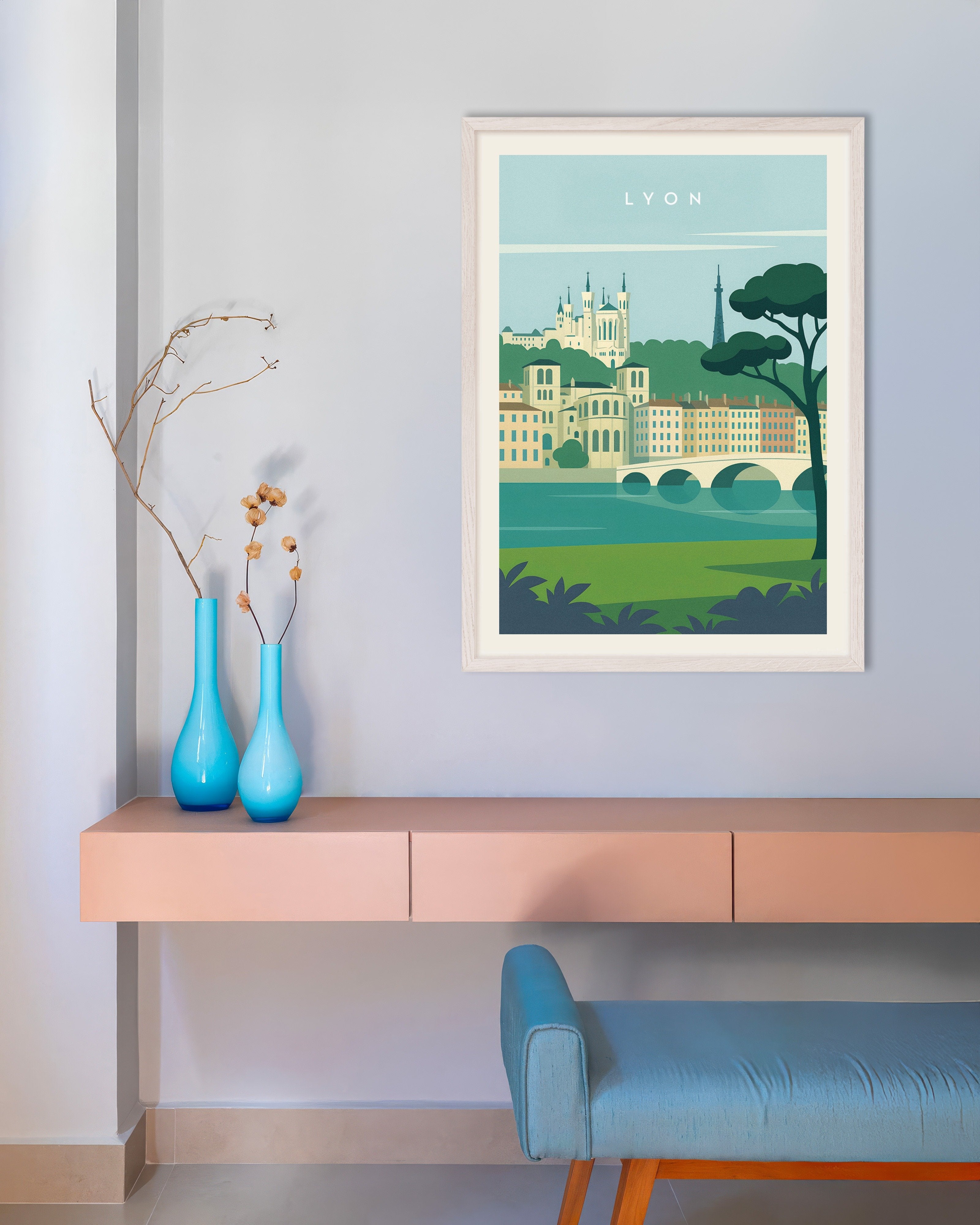 Poster of Lyon Wall Art Print, with white wooden frame
