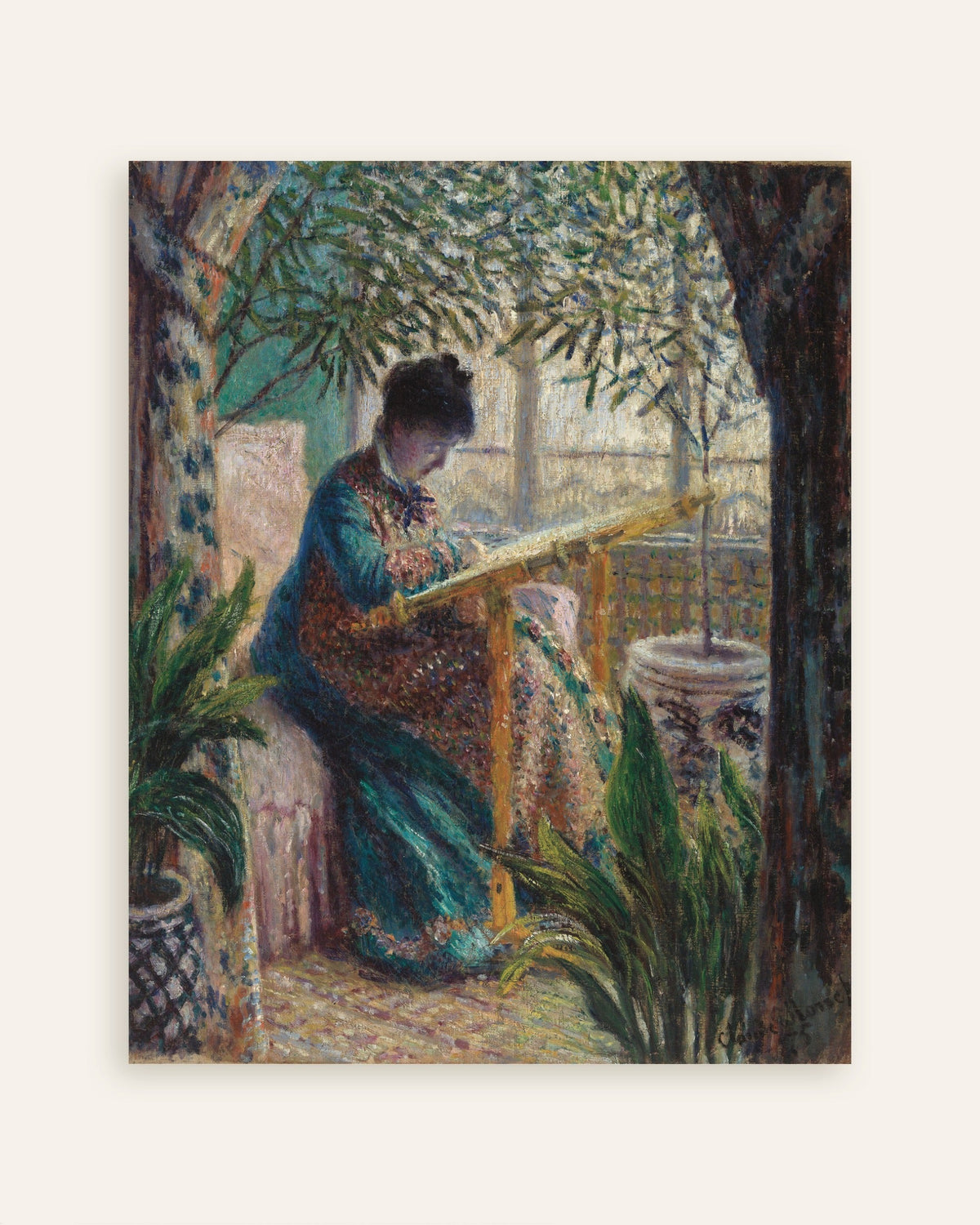 Plakat Madame Monet broderer (1875) af Claude Monet, miniature