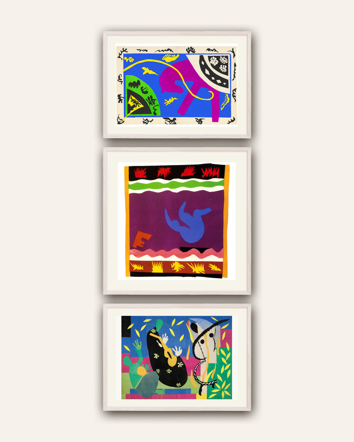 Matisse-plakater, sæt med 3: Hest, rytter og klovn, Kælken, Kongens sorger, i hvide egetræsrammer