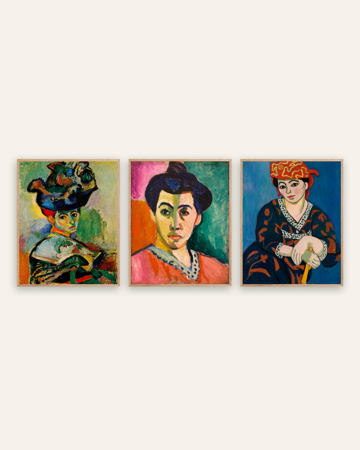 Matisse-plakater, sæt med 3 fauvistiske portrætter: Kvinde med hat, Madame Matisse og Rødt madrastørklæde, i rammer af natureg