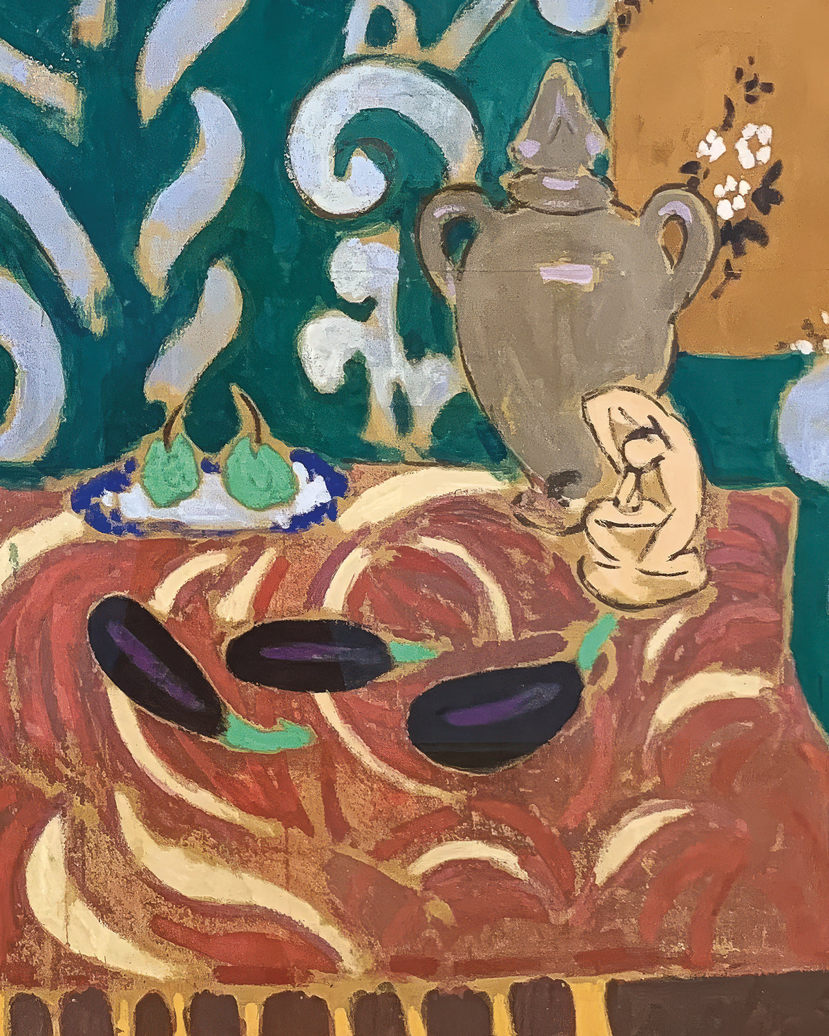 An abstract still life Matisse painting featuring a large gray-green vase, three dark purple eggplants, green pears on a blue-and-white plate, and a small cream-colored figure, all set against a patterned teal and gold background.