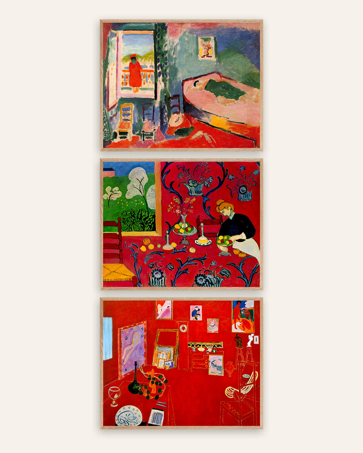 Matisse-plakater, sæt med 3: Interiør i Collioure, Harmoni i rødt og Det røde atelier, i rammer af natureg