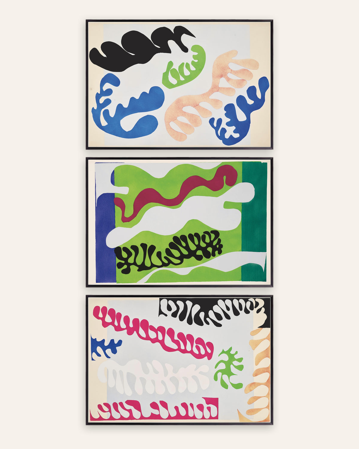 Matisse Jazz-plakater, sæt med 3: Lagunen i blå, grønt og pink, i sorte metalrammer