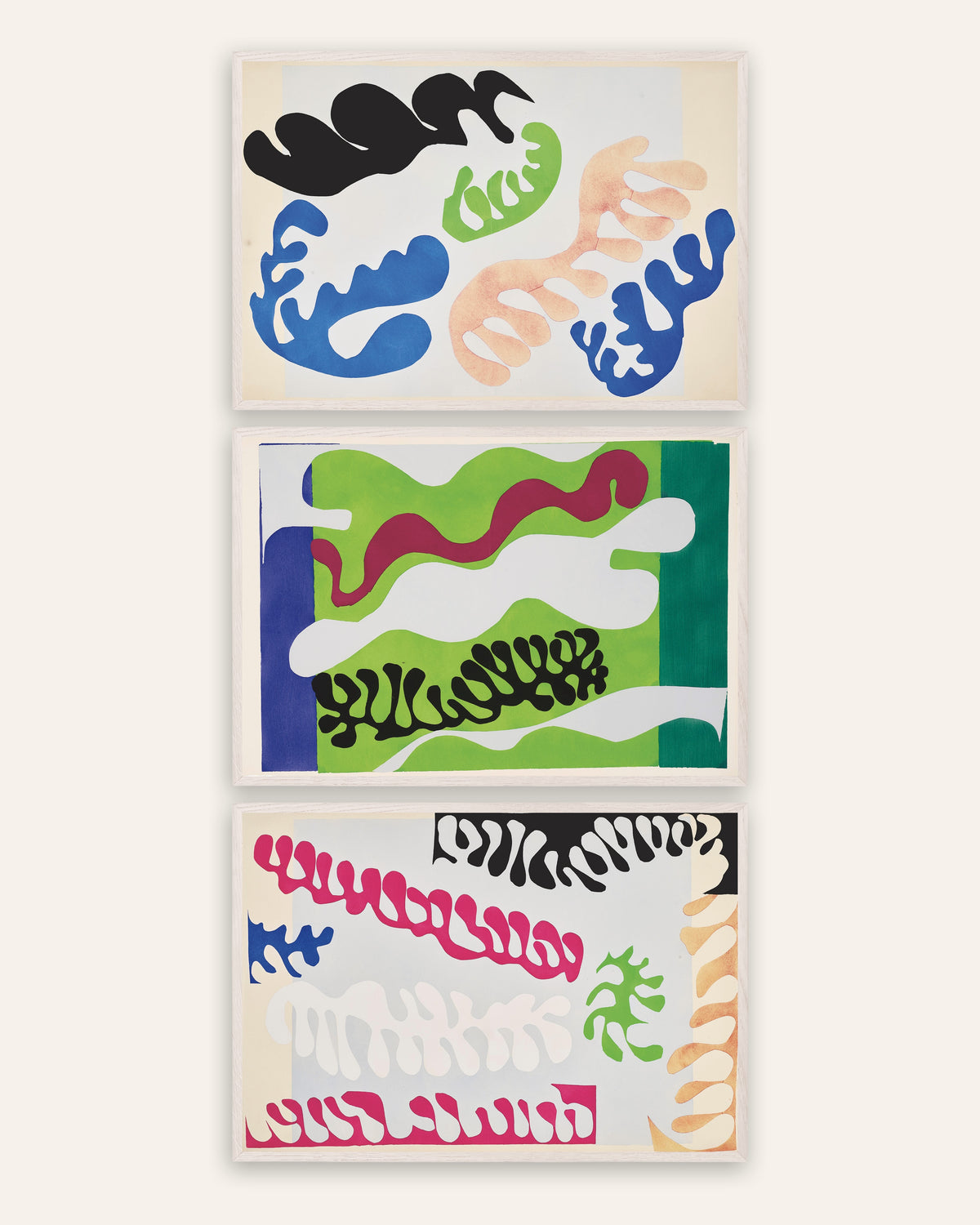 Matisse Jazz-plakater, sæt med 3: Lagunen i blå, grønt og pink, i hvide egetræsrammer