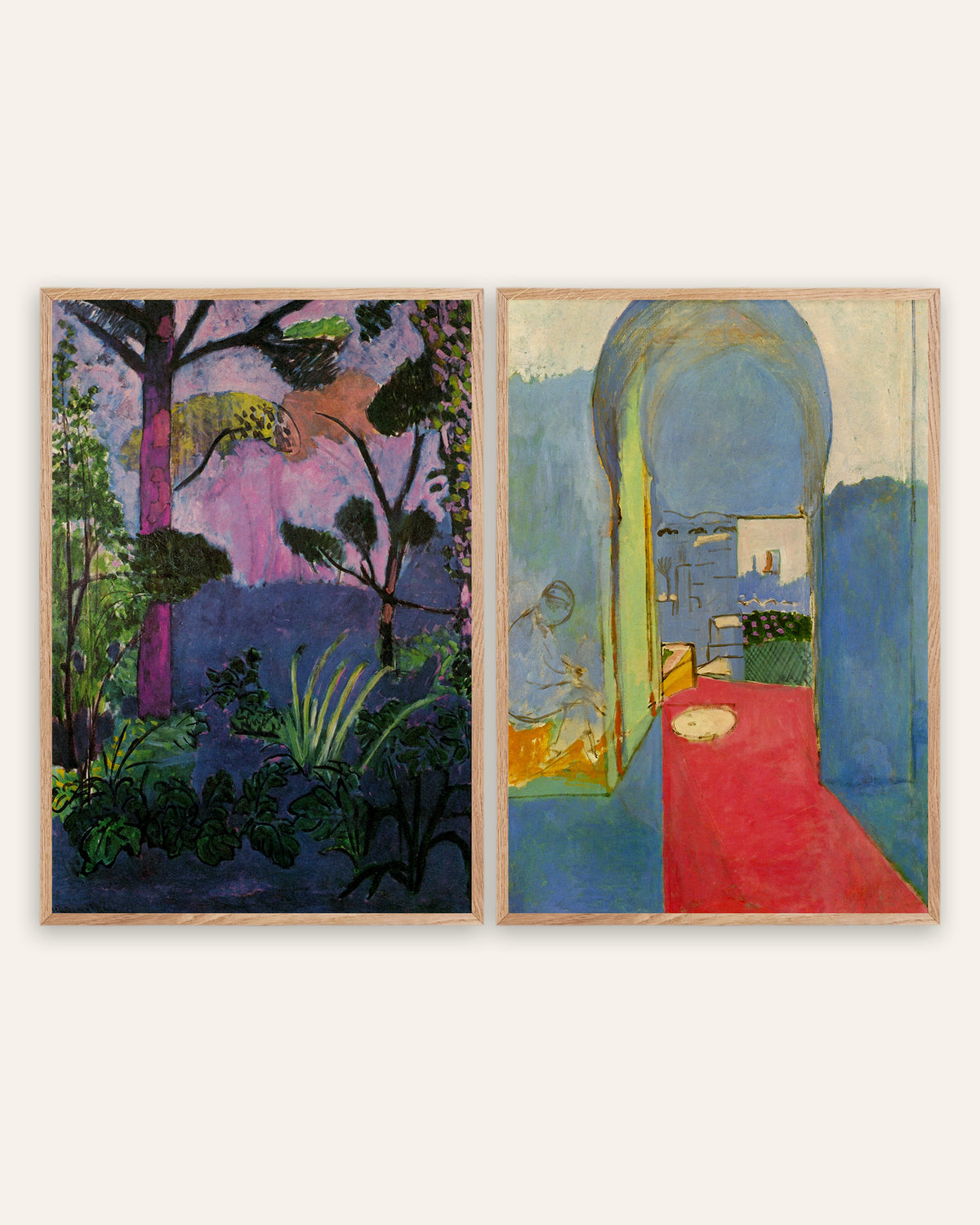 Matisse-plakater, sæt med 2: Marokkansk landskab (Akantus) og Indgangen til kasbahen, i rammer af natureg