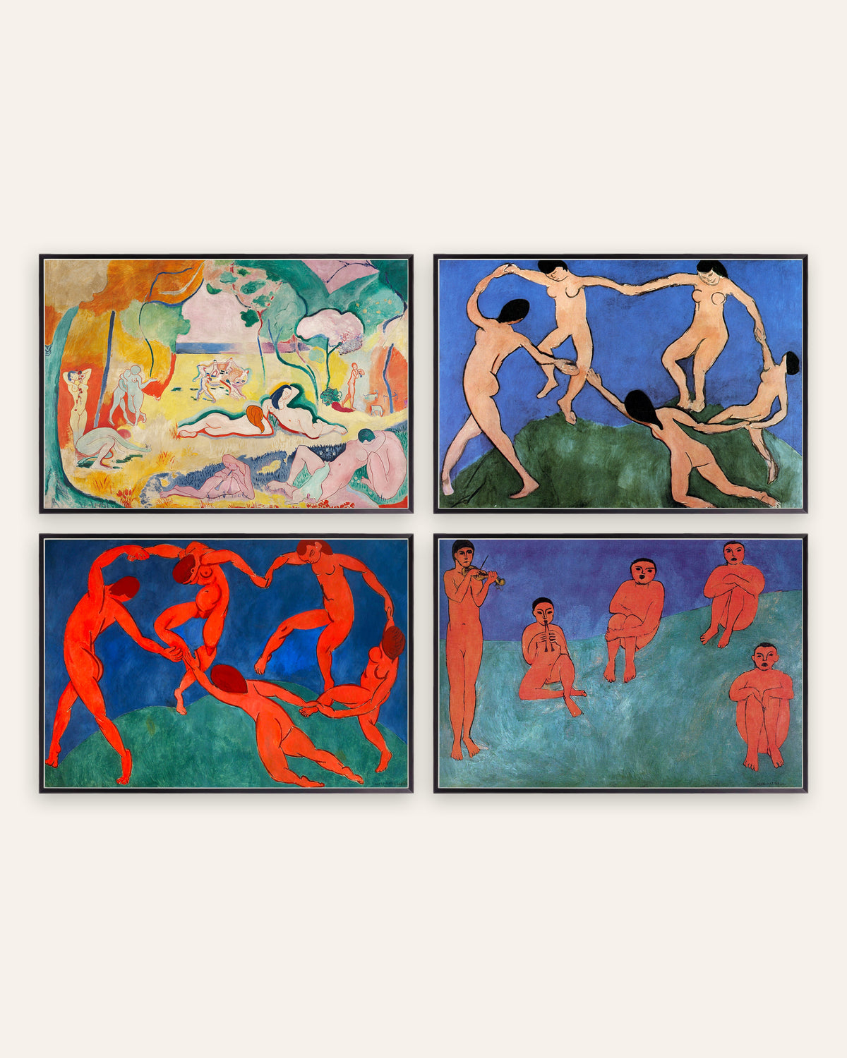 Matisse-plakater, sæt med 4: Livsglæden, Dansen I og II og Musik, i sorte metalrammer