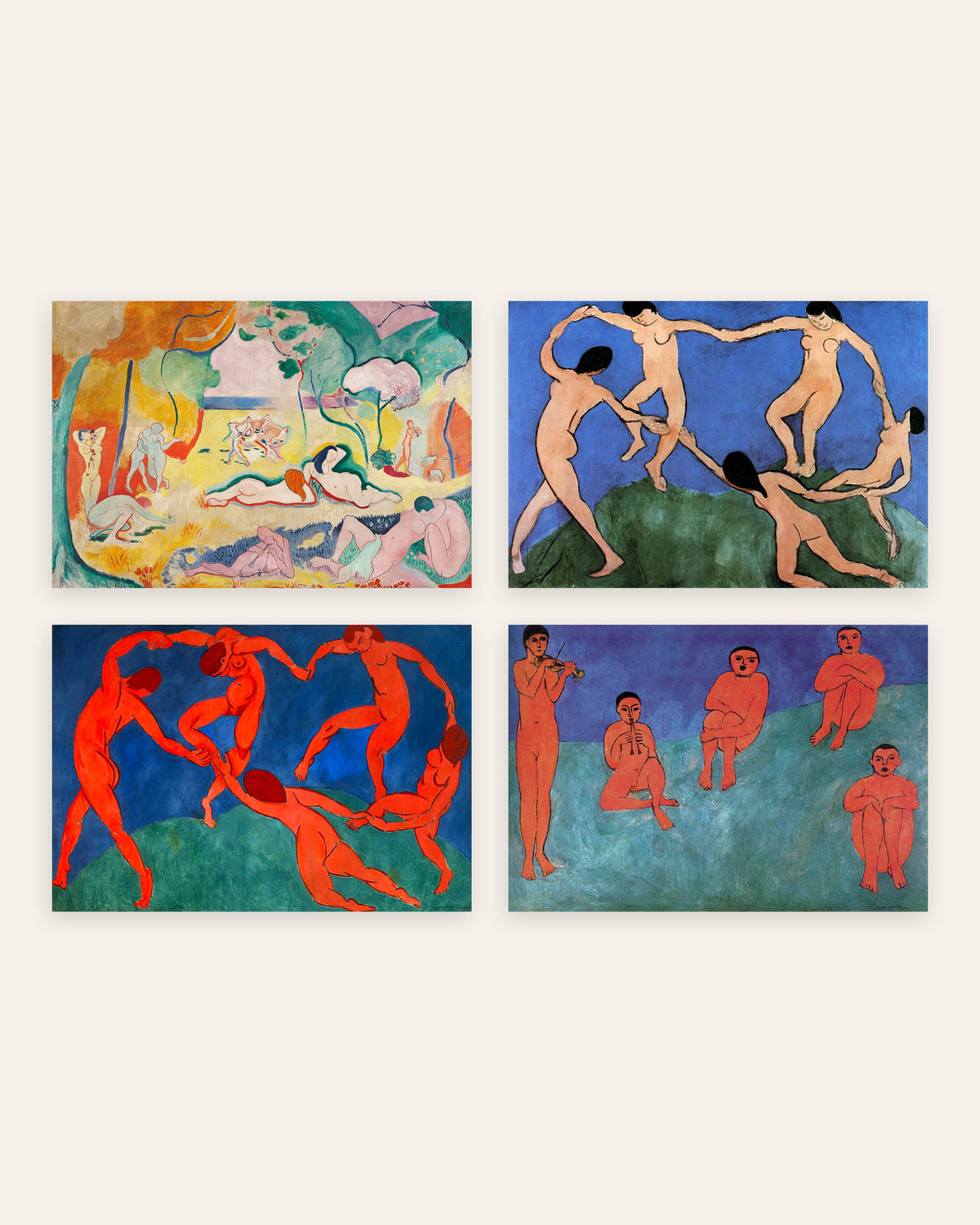 Matisse-plakater, sæt med 4: Livsglæden, Dansen I og II og Musik, uden ramme