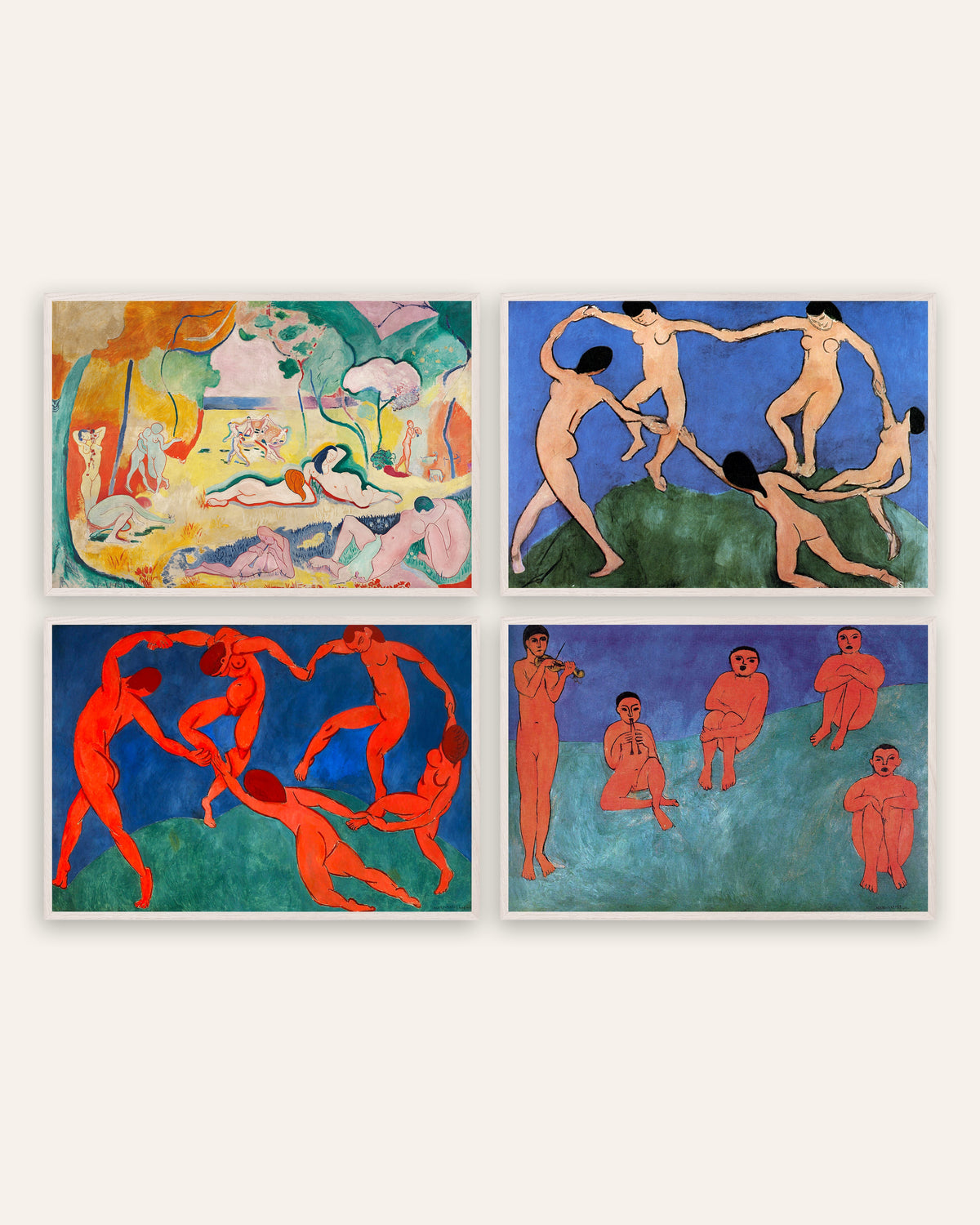 Matisse-plakater, sæt med 4: Livsglæden, Dansen I og II og Musik, i hvide egetræsrammer