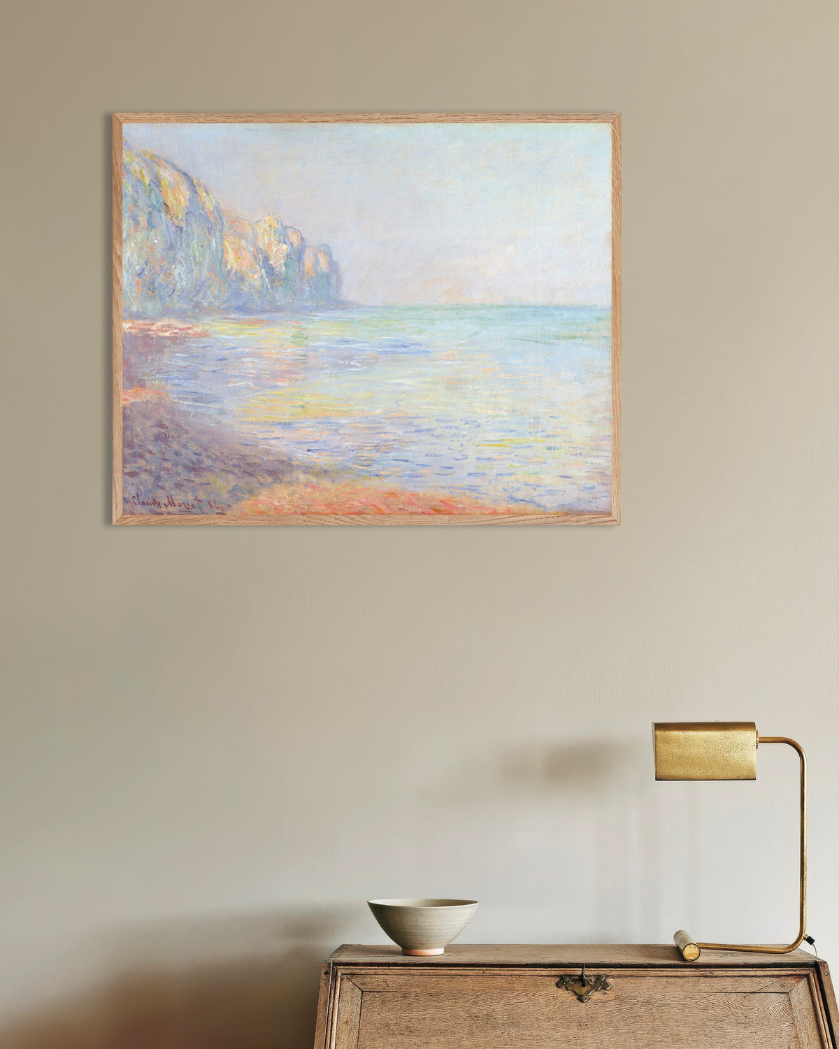 Plakat Diset morgen ved Pourville (1882) af Claude Monet med ramme i naturtræ