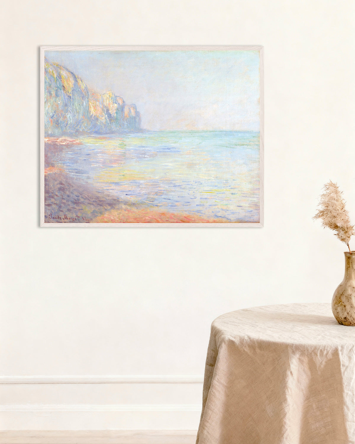 Plakat Diset morgen ved Pourville (1882) af Claude Monet med hvid træramme