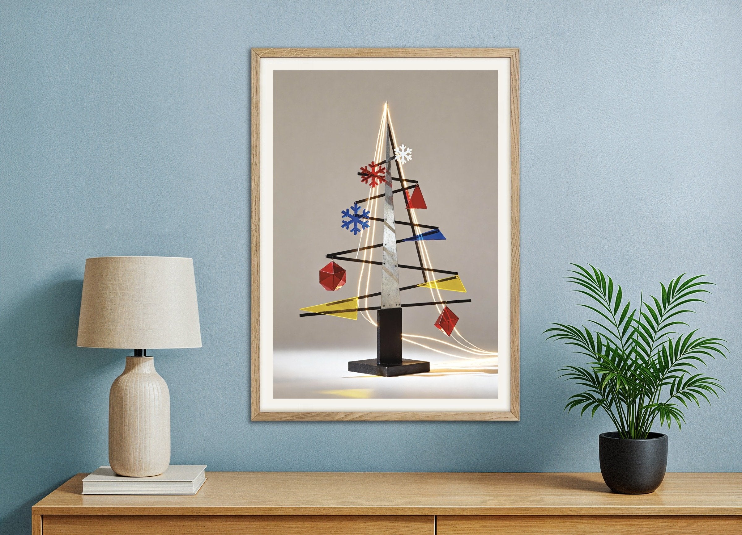Poster of Modern metal Christmas tree poster, with natural wooden frame