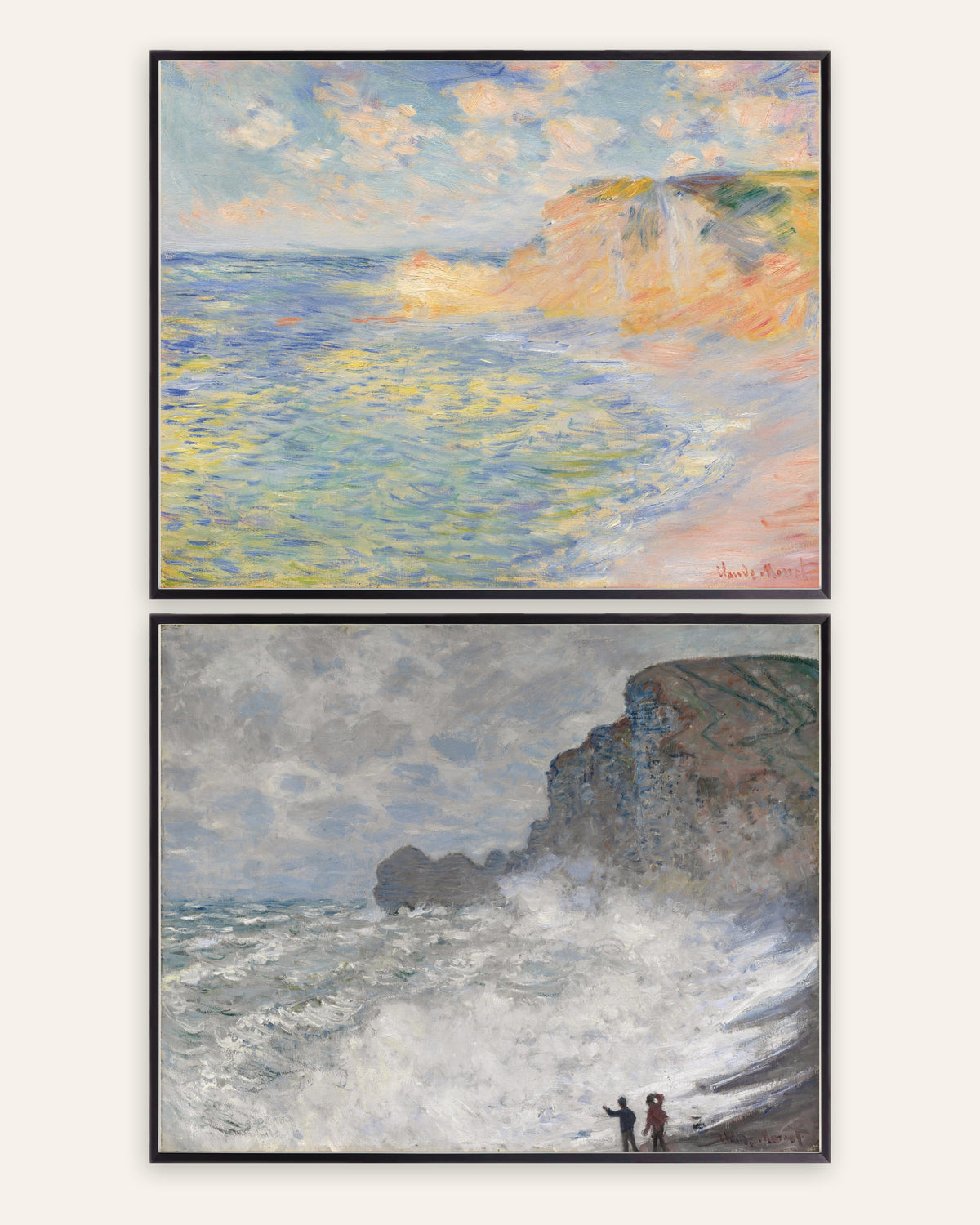 Monet Étretat plakater, sæt med 2: Falaise d’Amont og uvejr, i sorte metalrammer