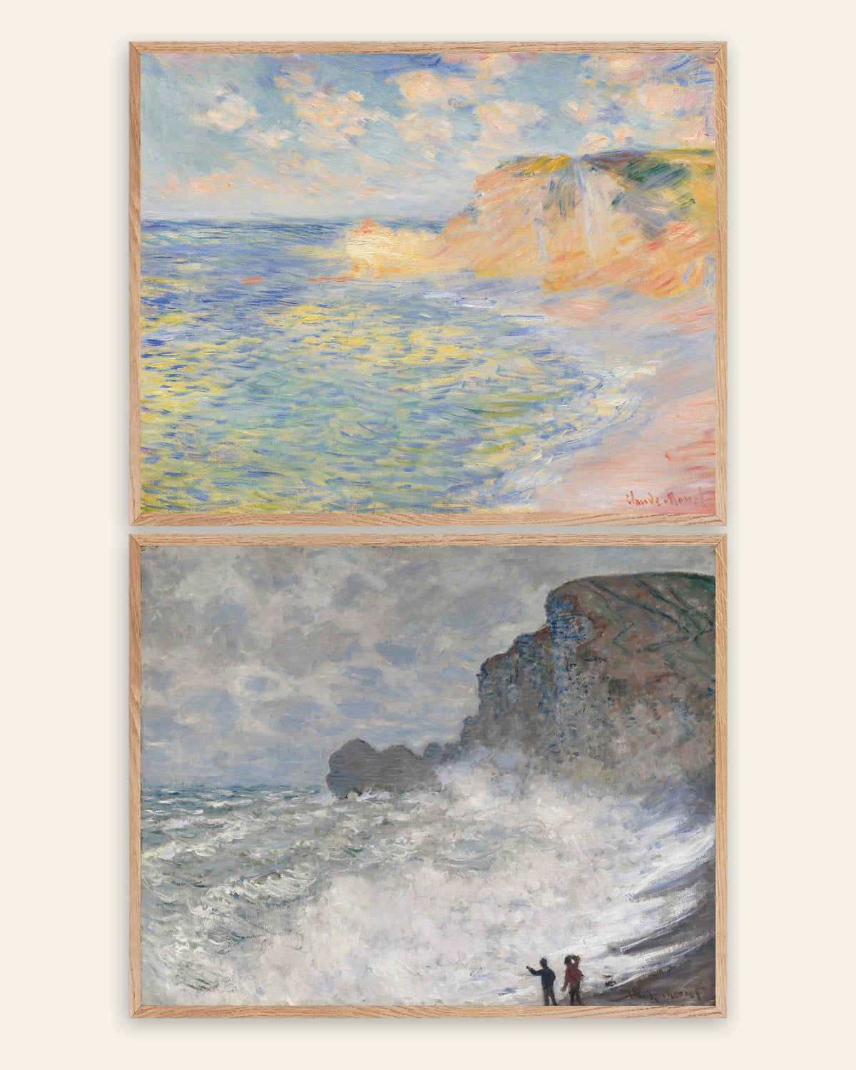 Monet Étretat plakater, sæt med 2: Falaise d’Amont og uvejr, i rammer af natureg