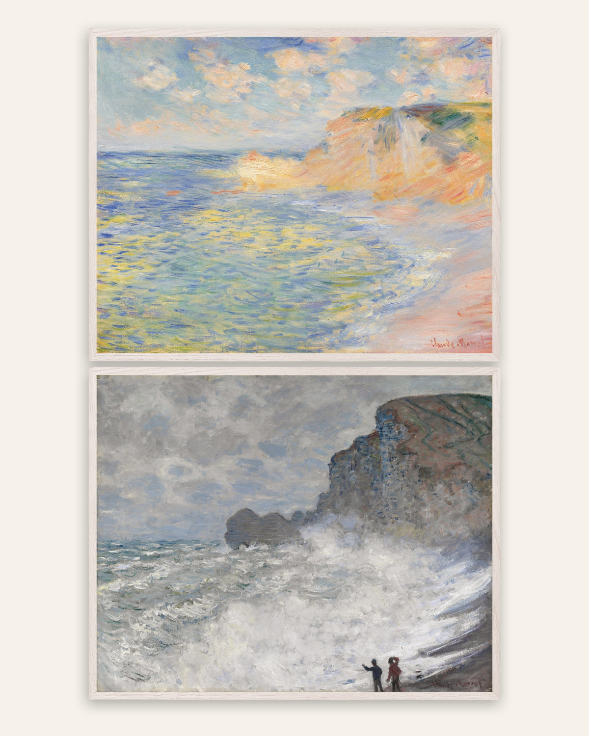 Monet Étretat plakater, sæt med 2: Falaise d’Amont og uvejr, i hvide egetræsrammer