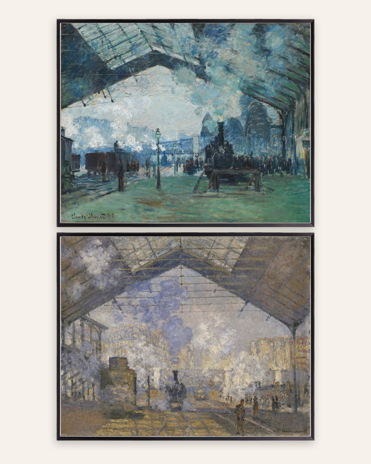 Monet Gare Saint-Lazare plakater, sæt med 2: damp og tog, i sorte metalrammer