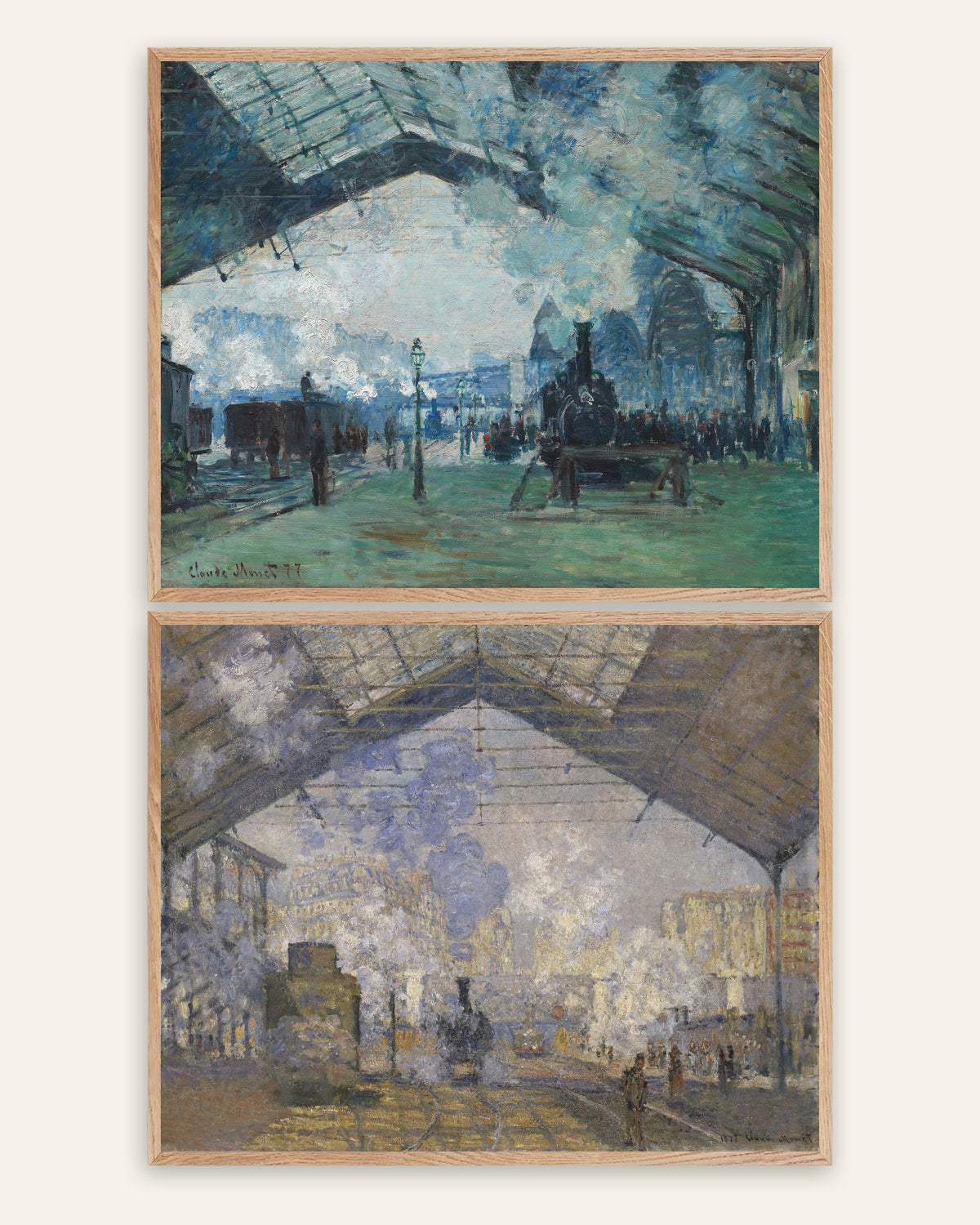 Monet Gare Saint-Lazare plakater, sæt med 2: damp og tog, i rammer af natureg