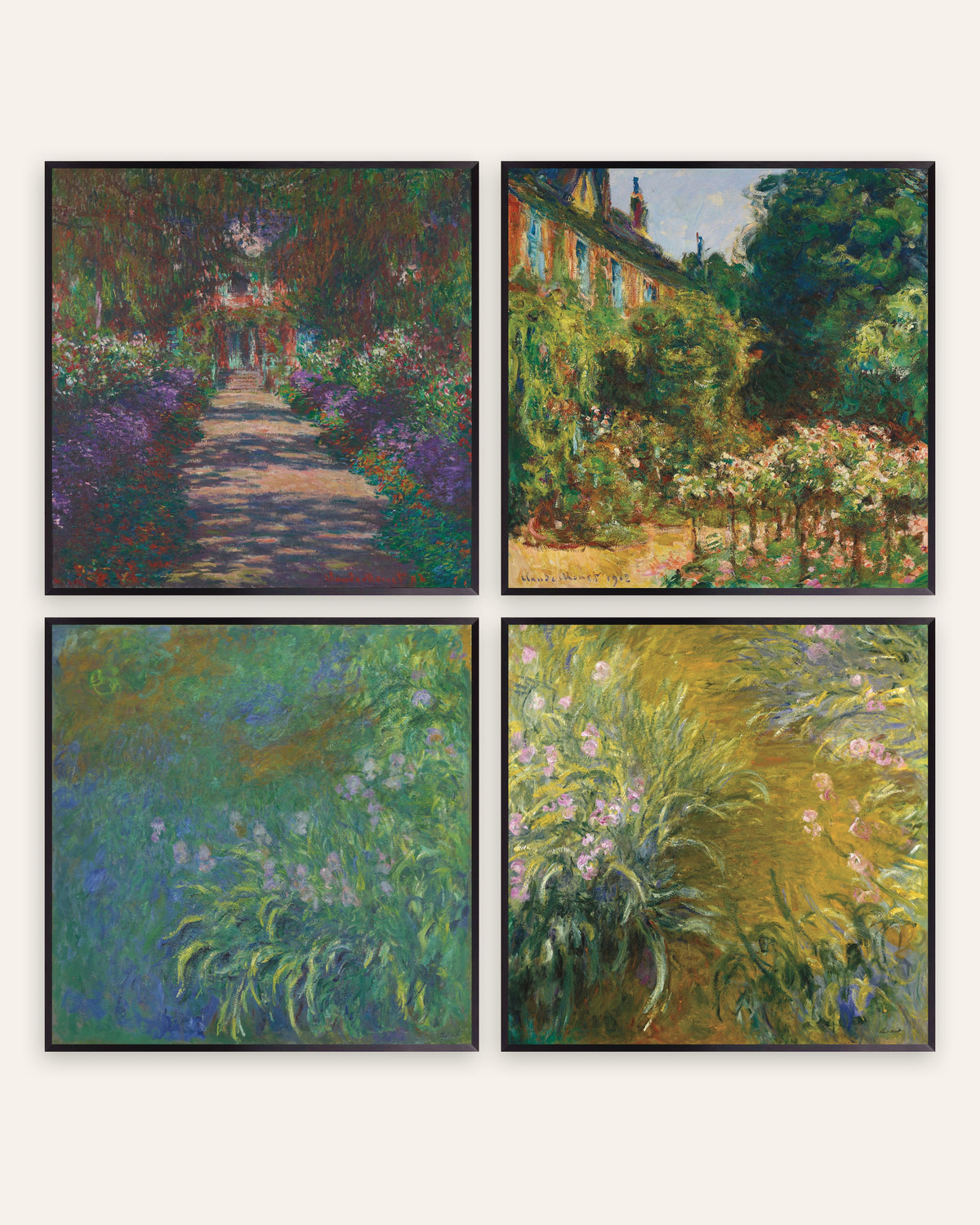Monet Haven i Giverny plakater, sæt med 4: allé, hus og iris, i sorte metalrammer
