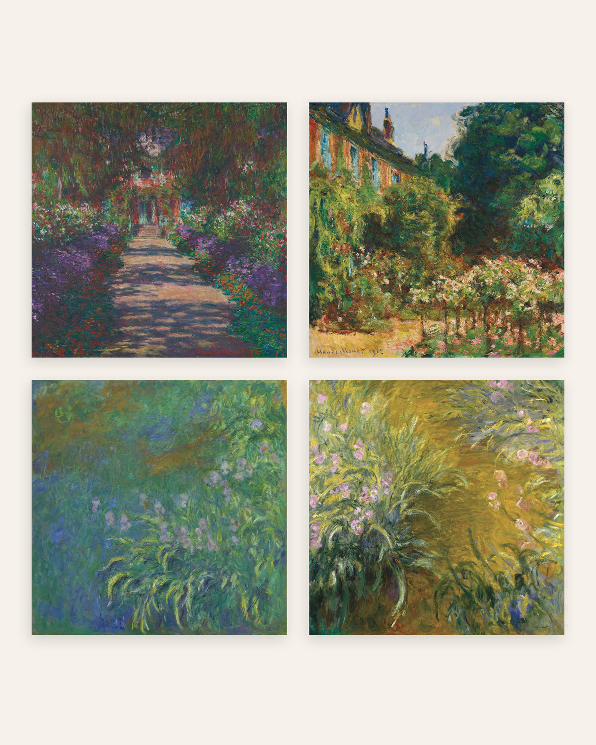 Monet Haven i Giverny plakater, sæt med 4: allé, hus og iris, uden ramme