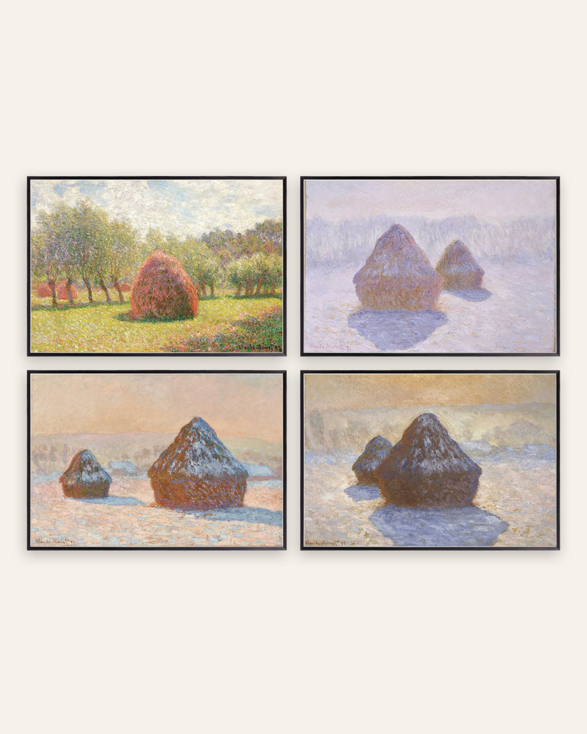 Monet Høstakke plakater, sæt med 4: fra sommer til sne, i sorte metalrammer
