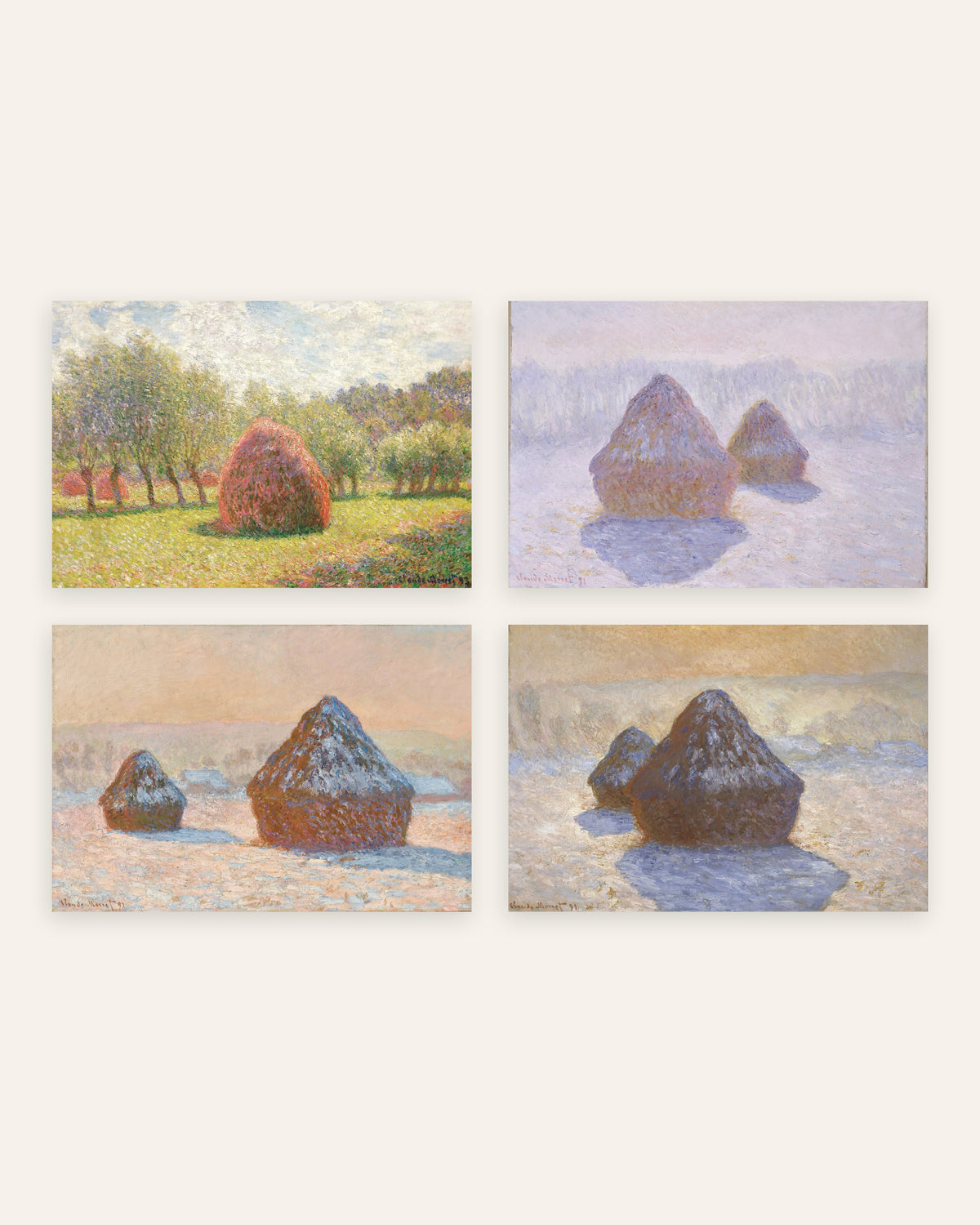 Monet Høstakke plakater, sæt med 4: fra sommer til sne, uden ramme