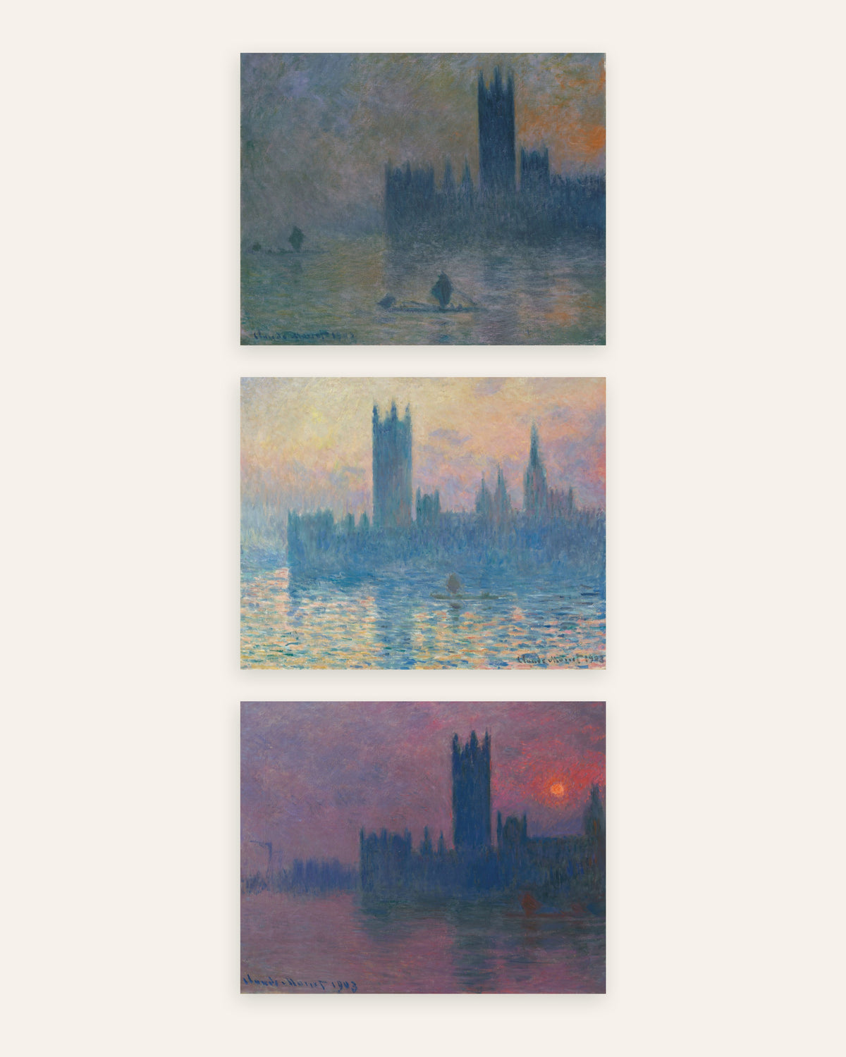Monet Parlamentet plakater, sæt med 3: tåge og solnedgang, uden ramme