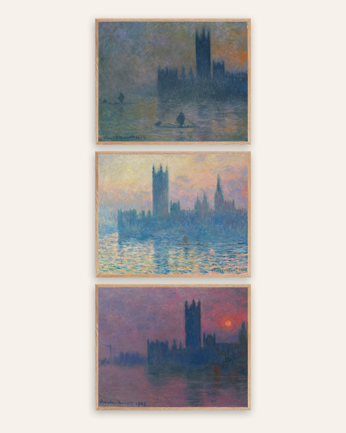 Monet Parlamentet plakater, sæt med 3: tåge og solnedgang, i rammer af natureg