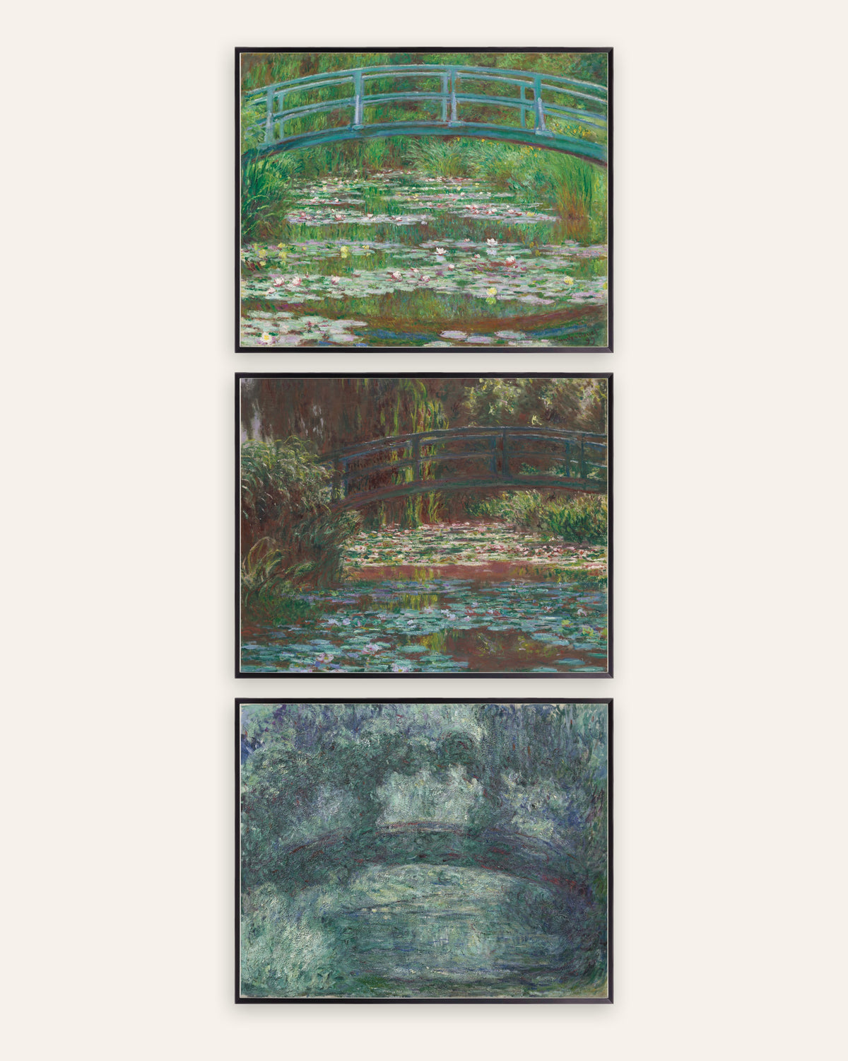 Monet Den japanske bro plakater, sæt med 3: Giverny, 1899 til 1924, i sorte metalrammer