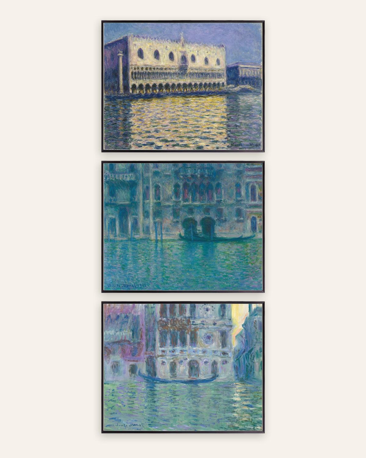 Monet Venedig plakater, sæt med 3: Dogepaladset, da Mula og Dario, i sorte metalrammer