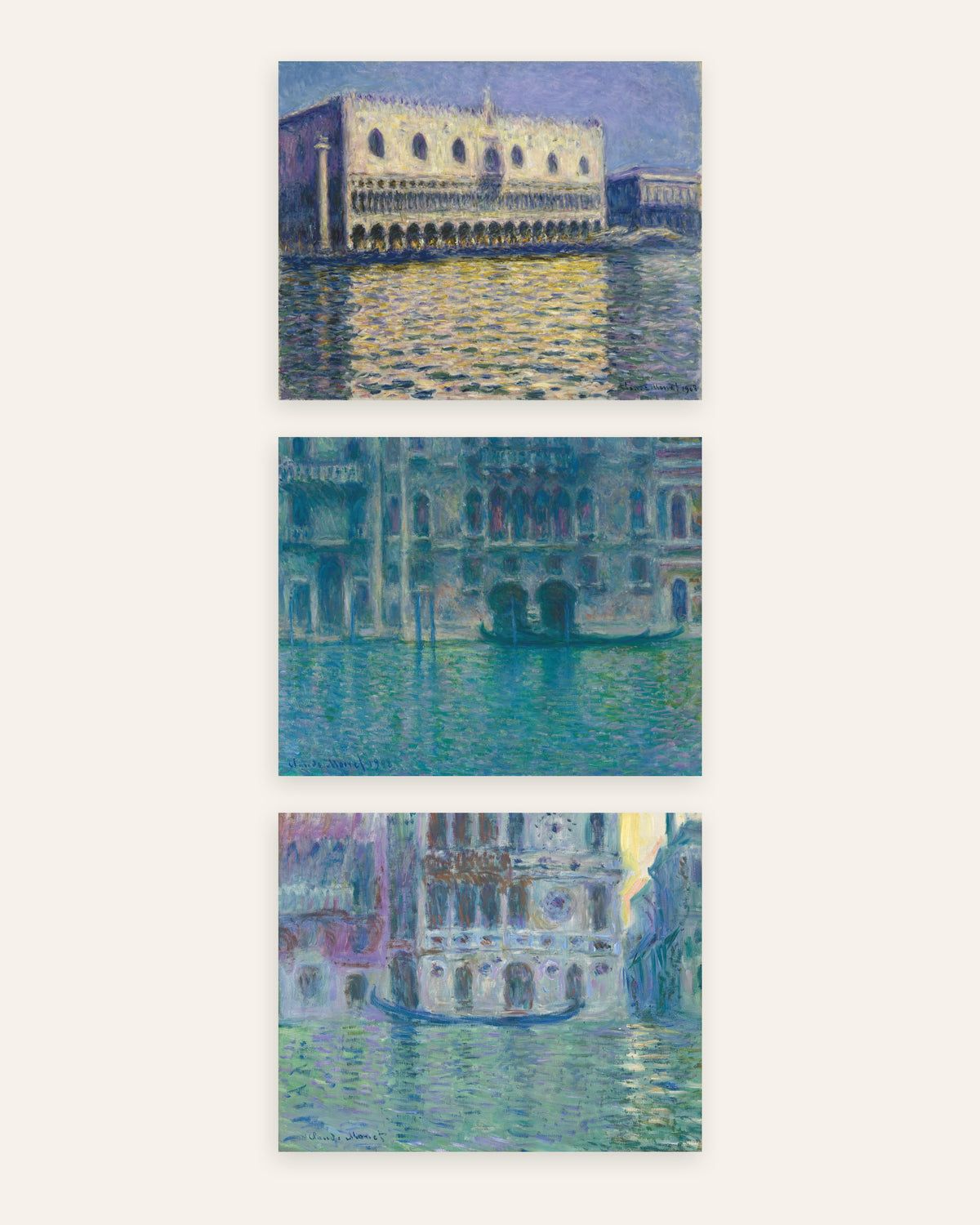Monet Venedig plakater, sæt med 3: Dogepaladset, da Mula og Dario, uden ramme