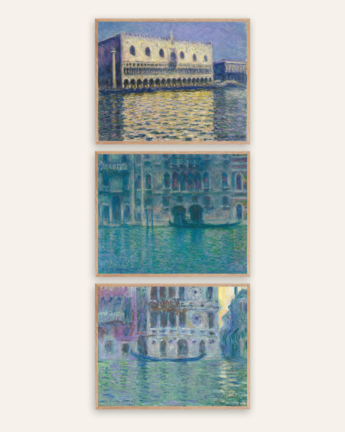 Monet Venedig plakater, sæt med 3: Dogepaladset, da Mula og Dario, i rammer af natureg