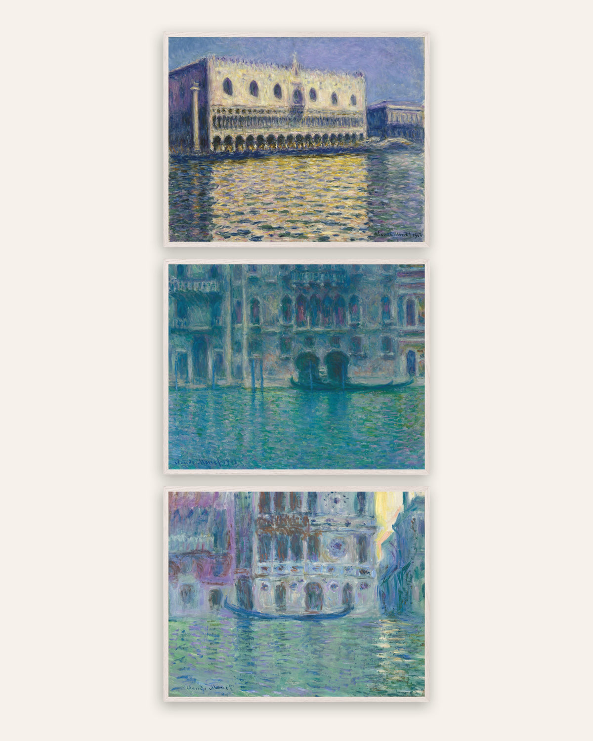 Monet Venedig plakater, sæt med 3: Dogepaladset, da Mula og Dario, i hvide egetræsrammer