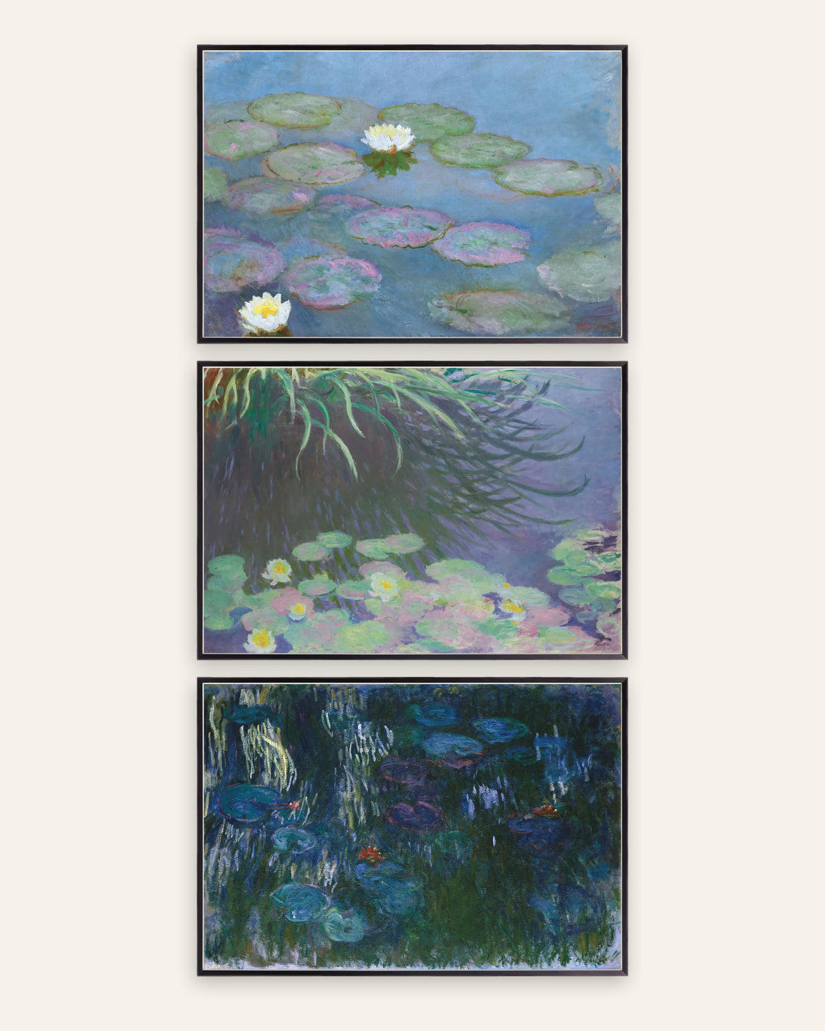 Monet Åkander plakater, sæt med 3: tidlige og sene panoramaer, i sorte metalrammer
