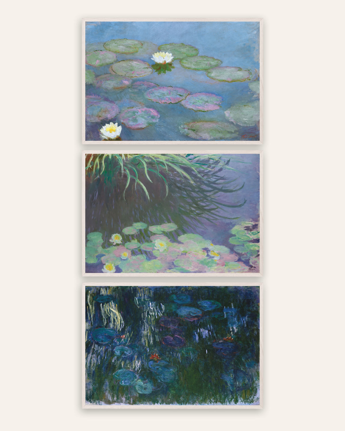 Monet Åkander plakater, sæt med 3: tidlige og sene panoramaer, i hvide egetræsrammer