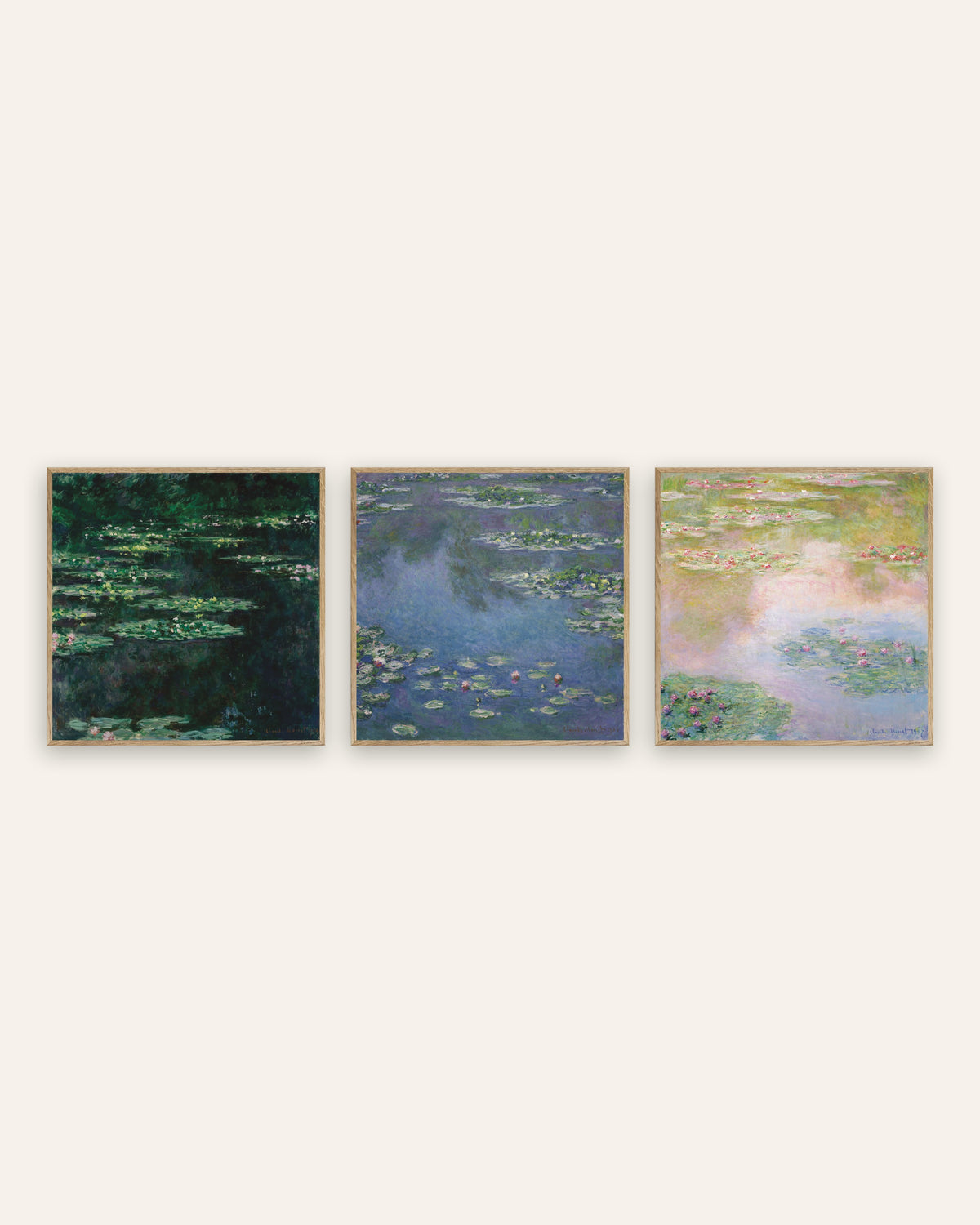 Monet Åkander plakater, sæt med 3: kvadratiske motiver fra dammen, i rammer af natureg