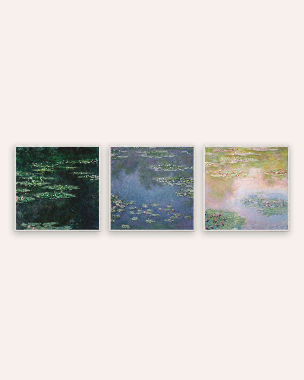 Monet Åkander plakater, sæt med 3: kvadratiske motiver fra dammen, i hvide egetræsrammer