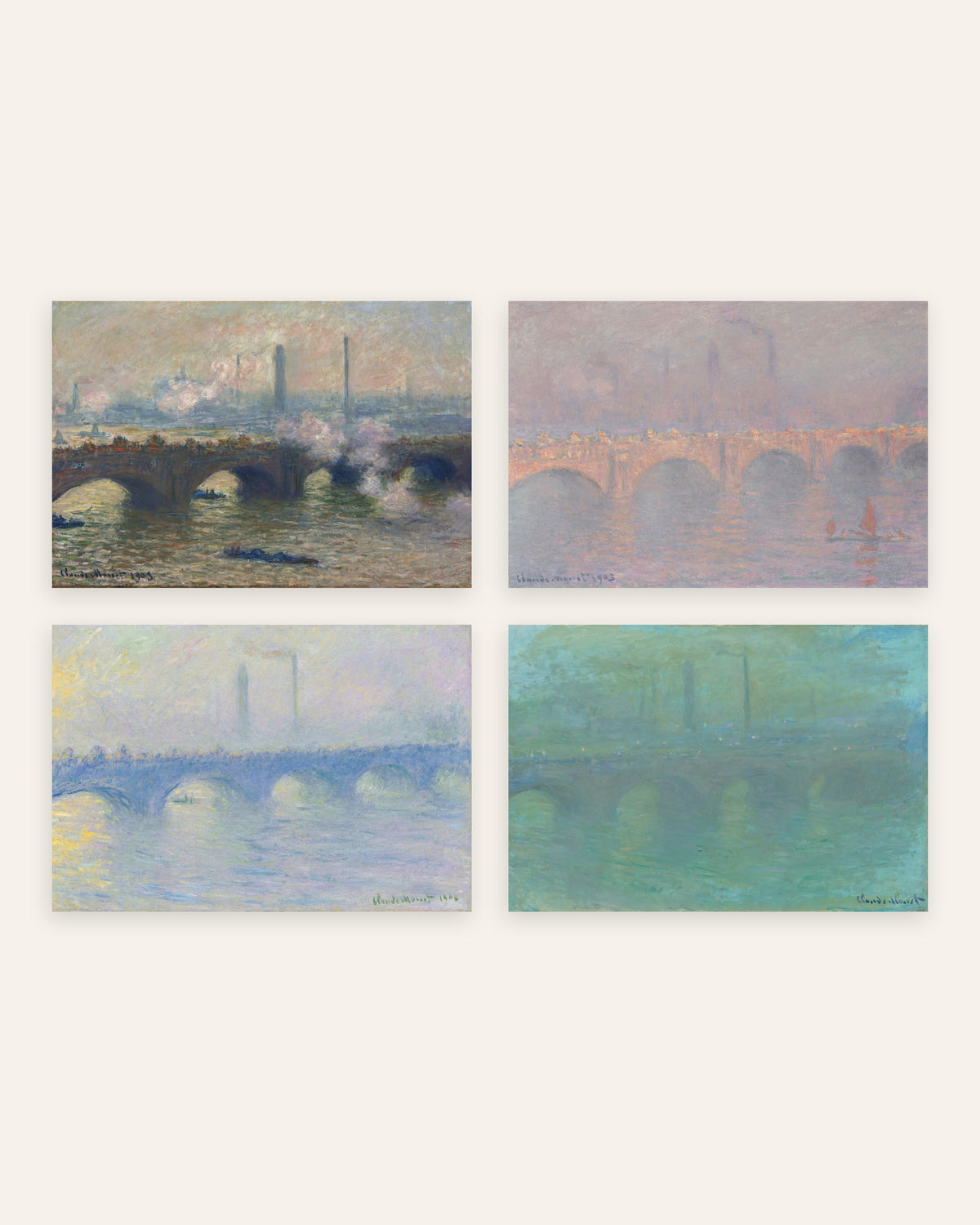Monet Waterloo Bridge plakater, sæt med 4: grå dag, sol, dis og tusmørke, uden ramme
