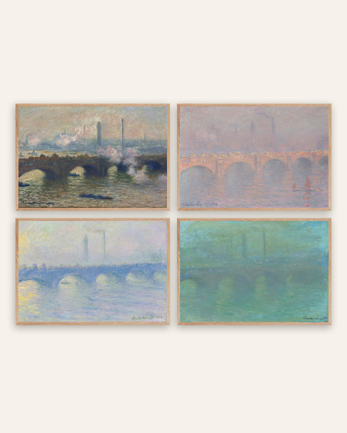 Monet Waterloo Bridge plakater, sæt med 4: grå dag, sol, dis og tusmørke, i rammer af natureg