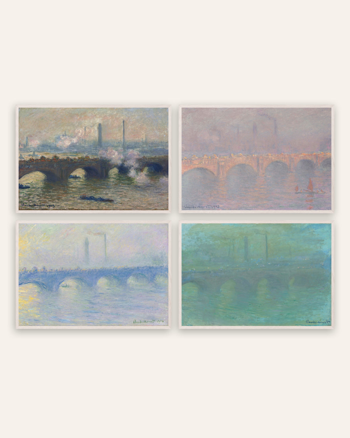 Monet Waterloo Bridge plakater, sæt med 4: grå dag, sol, dis og tusmørke, i hvide egetræsrammer