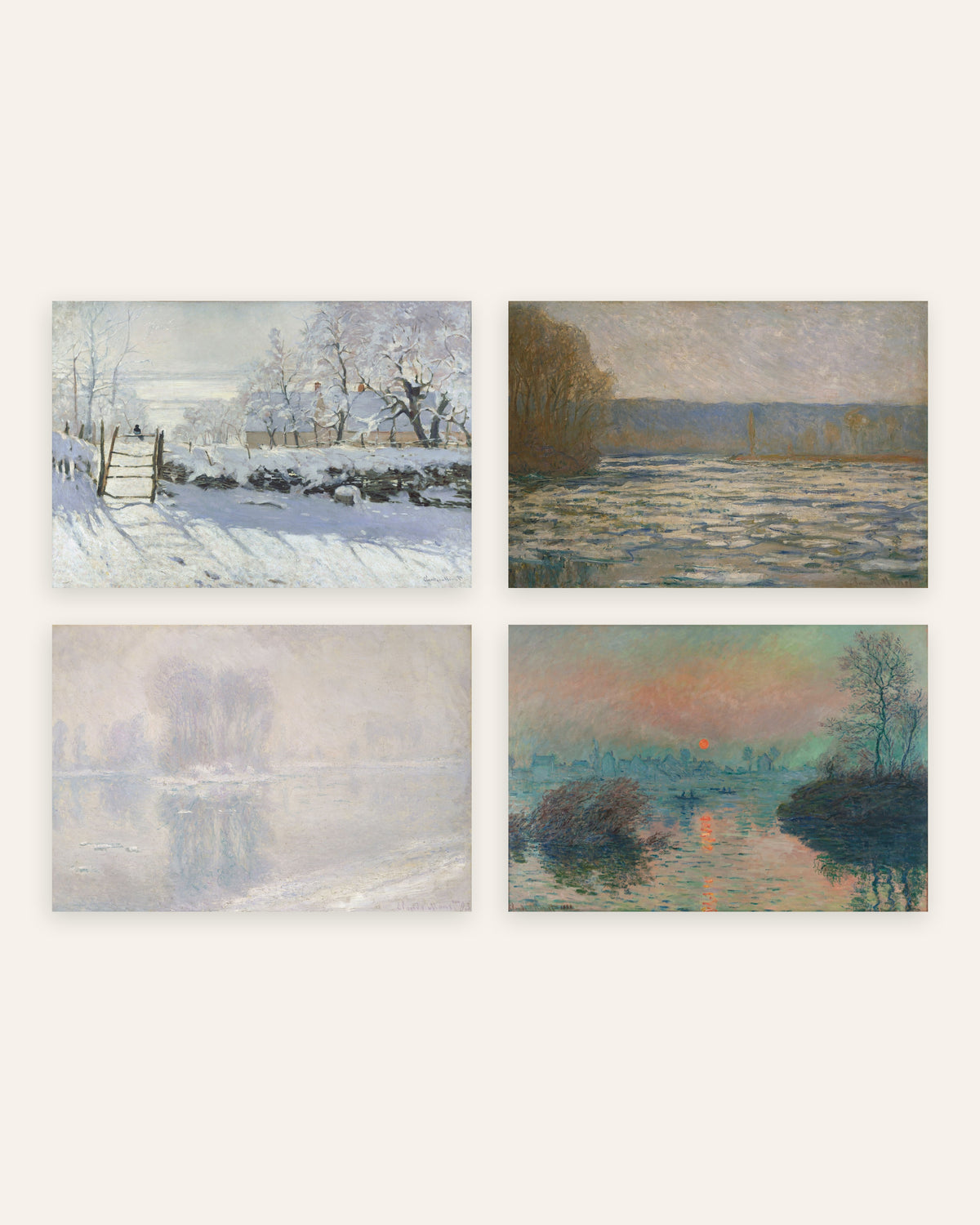 Monet Vinter plakater, sæt med 4: Skaden, is og vintersolnedgang, uden ramme