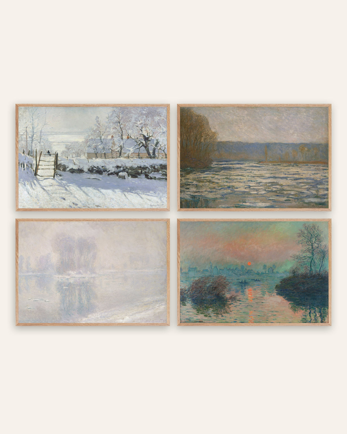 Monet Vinter plakater, sæt med 4: Skaden, is og vintersolnedgang, i rammer af natureg