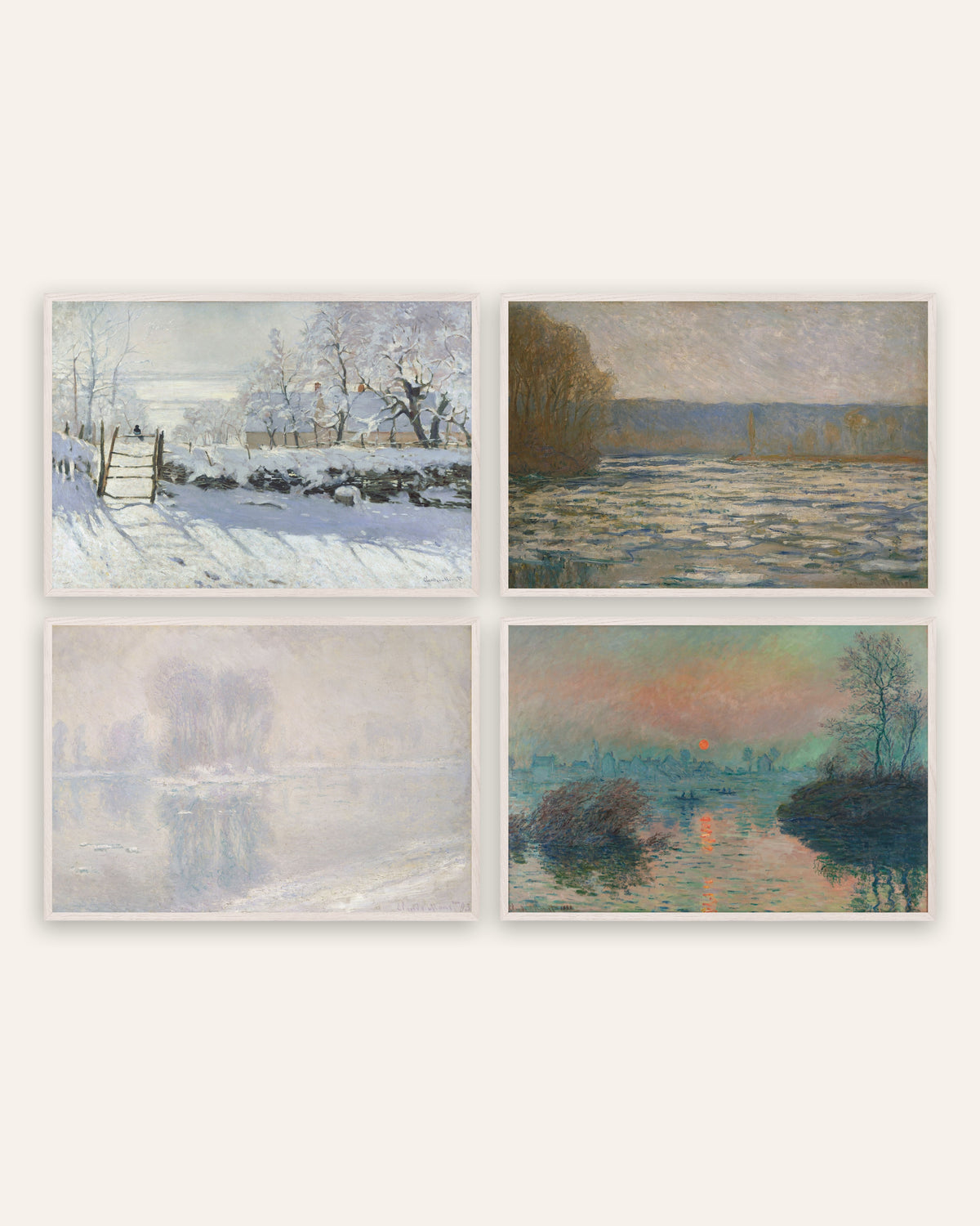 Monet Vinter plakater, sæt med 4: Skaden, is og vintersolnedgang, i hvide egetræsrammer