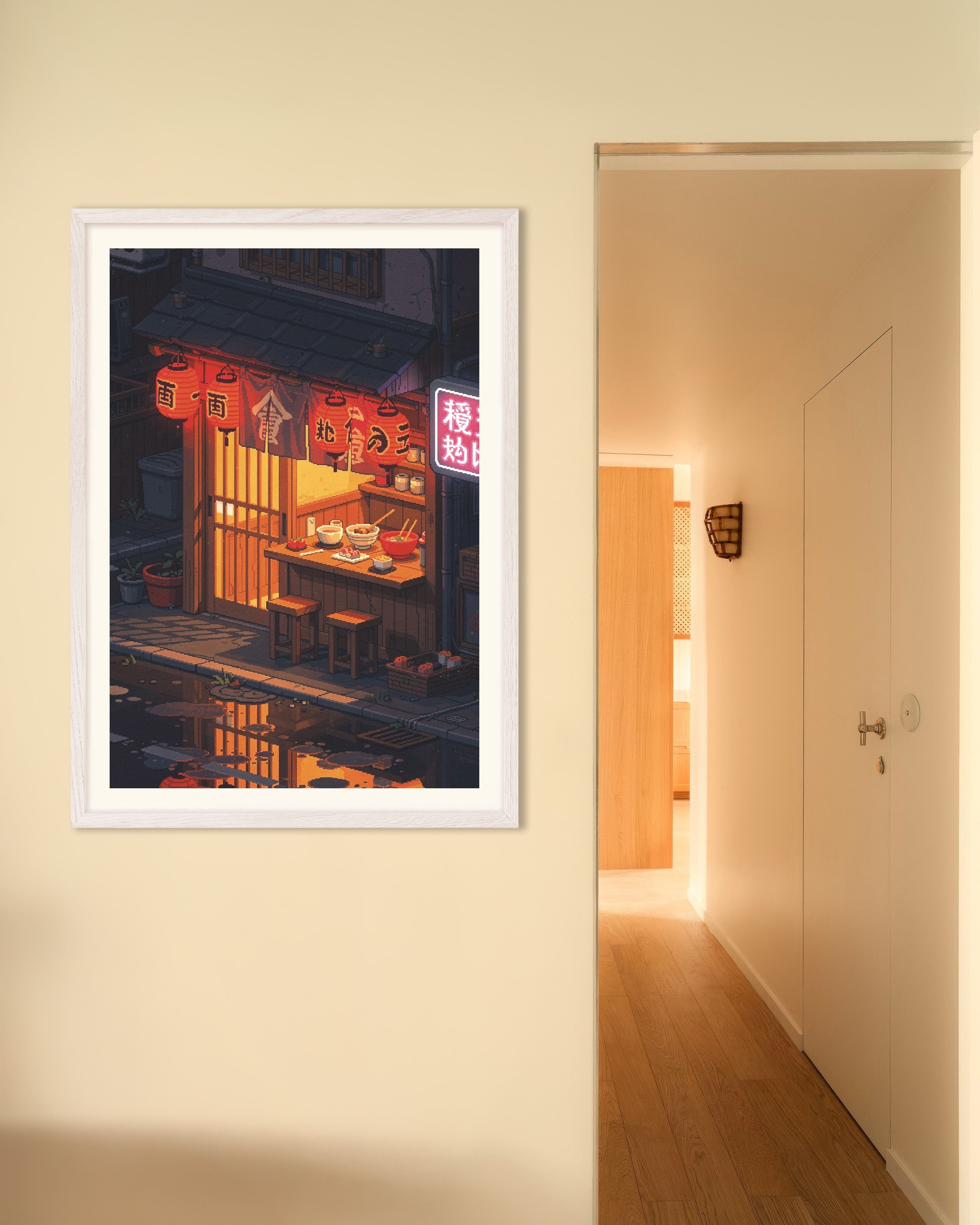 Poster of Neon Ramen Alley Pixel Art Poster, with white wooden frame