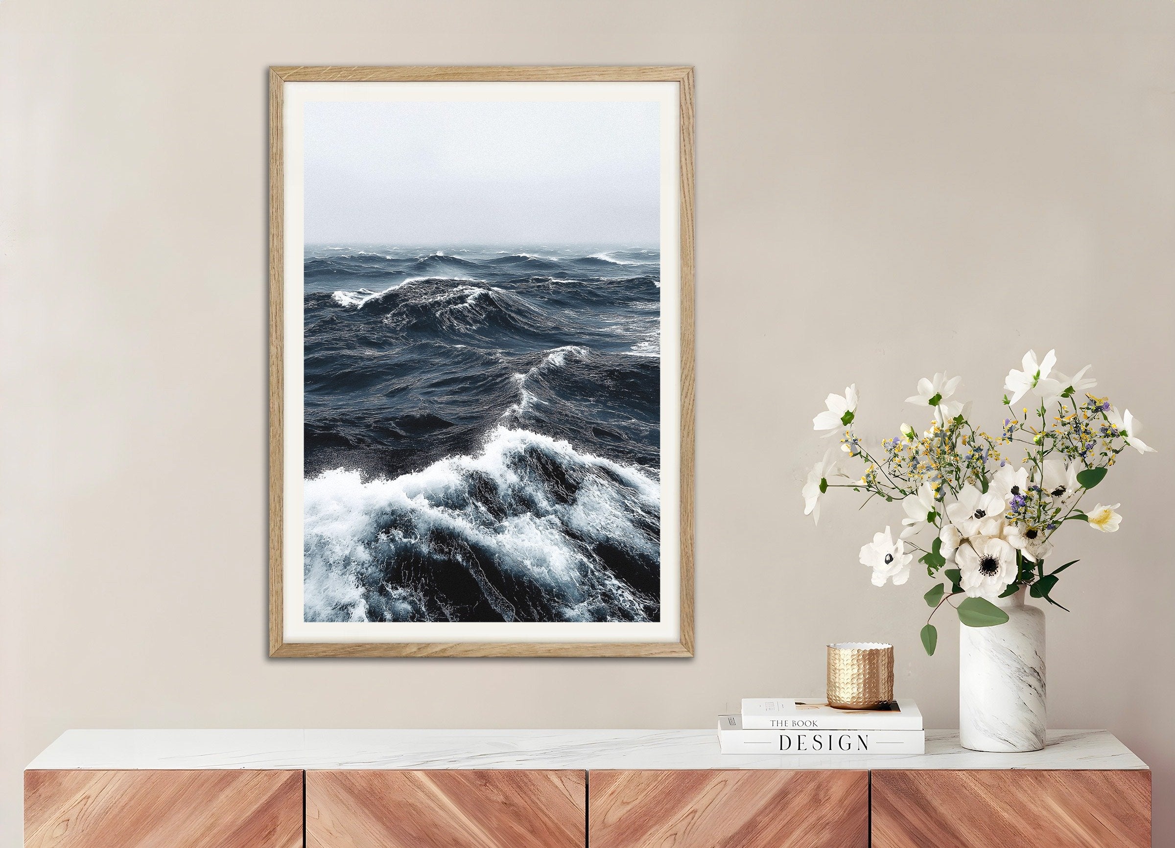 Poster of Ocean waves photography print, with natural wooden frame