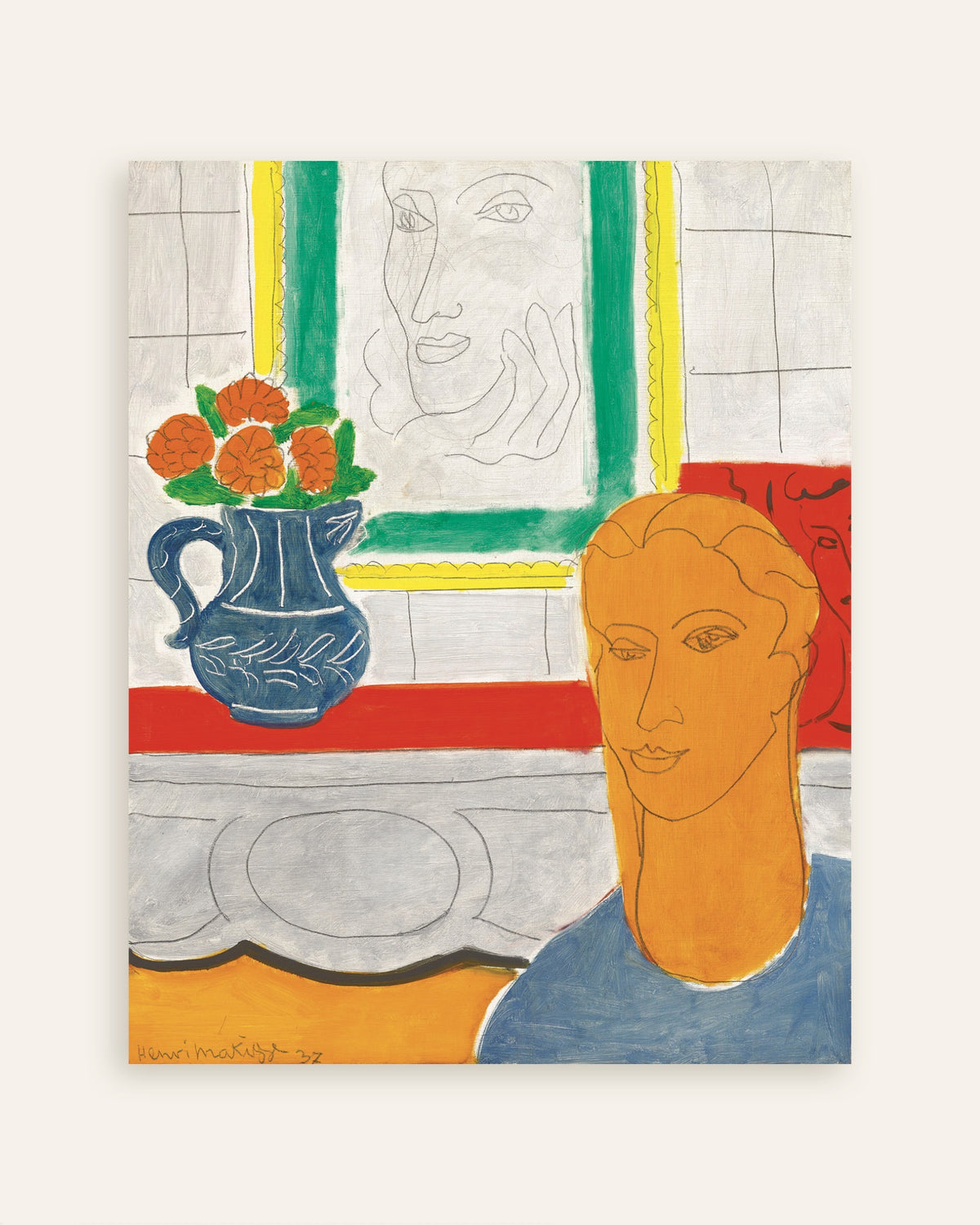 Poster med Okkergult hoved (figur og buket) (1937) af Henri Matisse, miniature