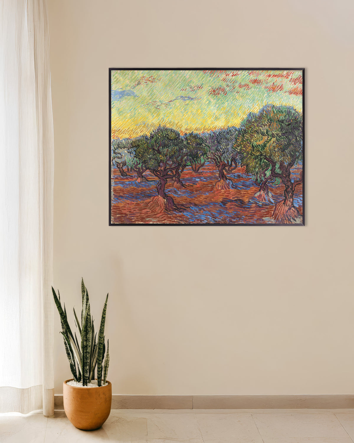 Poster med Oliventræer med orange himmel (1889) af Vincent van Gogh, med metalramme