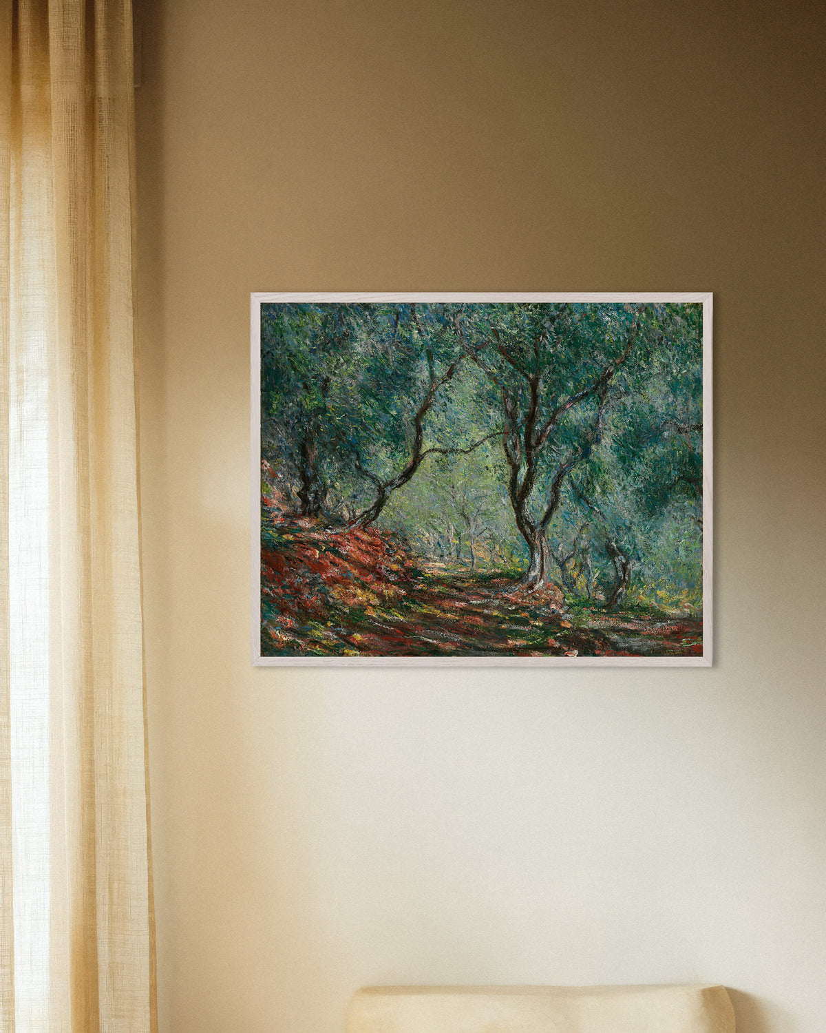 Plakat Olivenlund i Moreno-haven (1884) af Claude Monet med hvid træramme